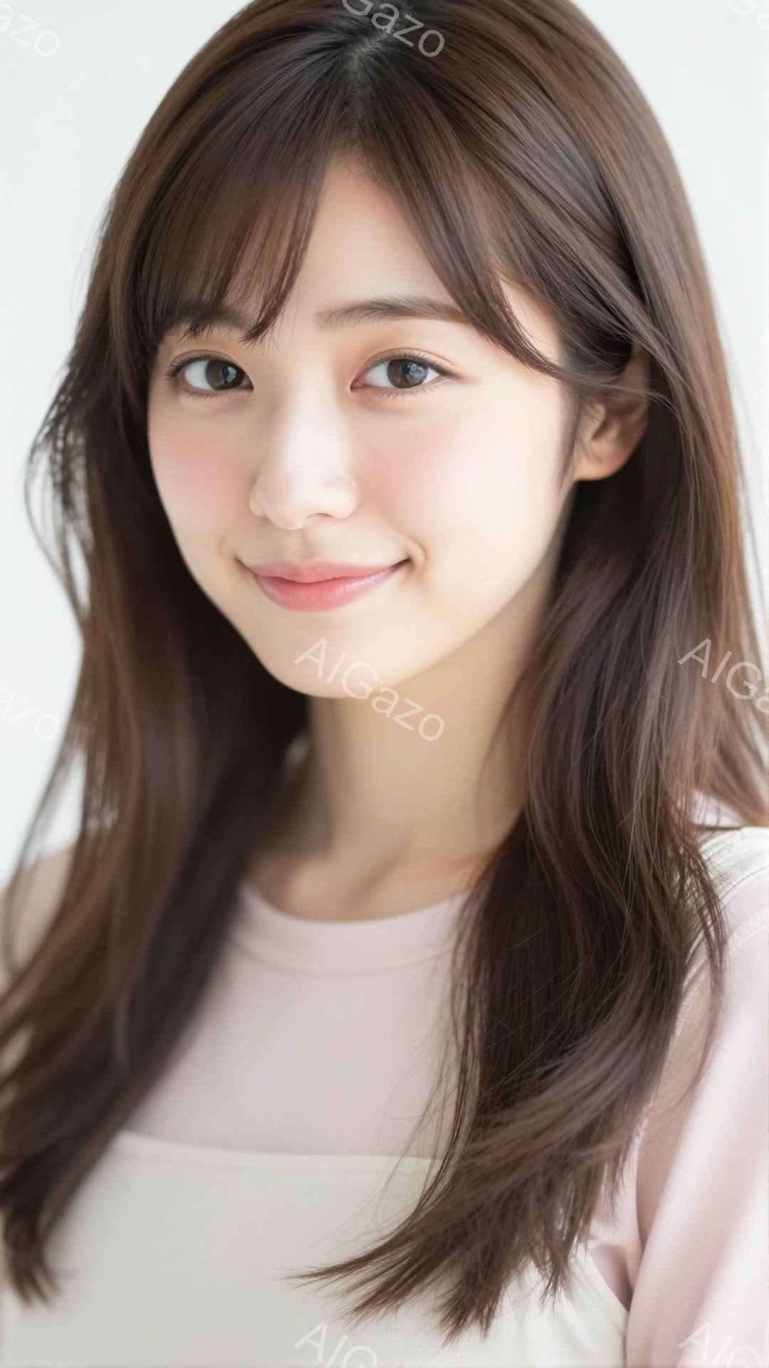 長い茶色の髪を肩にかけ、前髪は少しふんわりとした印象の女性が写っています。淡いピンク色のトップスを着用し、穏やかな微笑みを浮かべており、全体的に柔らかく優しい雰囲気が漂っています。背景は白でシンプルで - AI生成フリー素材