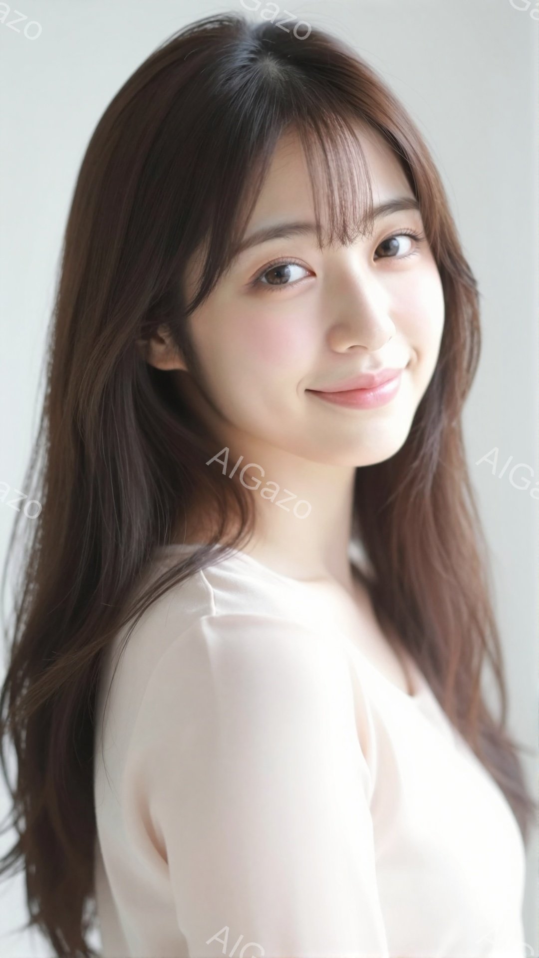 長いダークブラウンの髪は肩にかかるように流れており、前髪は少しふんわりとカールしている。ベージュ色のブラウスを着ており、柔らかい微笑みを浮かべ、視線は穏やかで優しい印象を与える。背景は白く、人物が際立 - AI生成フリー素材