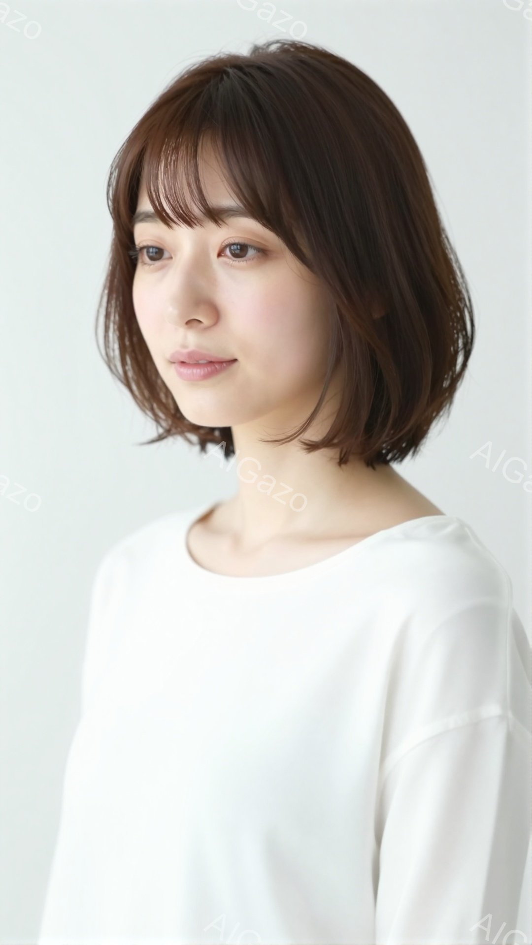 この女性は、肩までの長さの茶髪のボブヘアで、前髪は眉毛にかかるように切り揃えられています。白いシンプルなトップスを着ており、表情は穏やかで、わずかに微笑んでいるように見えます。背景は白で、人物に焦点が - AI生成フリー素材