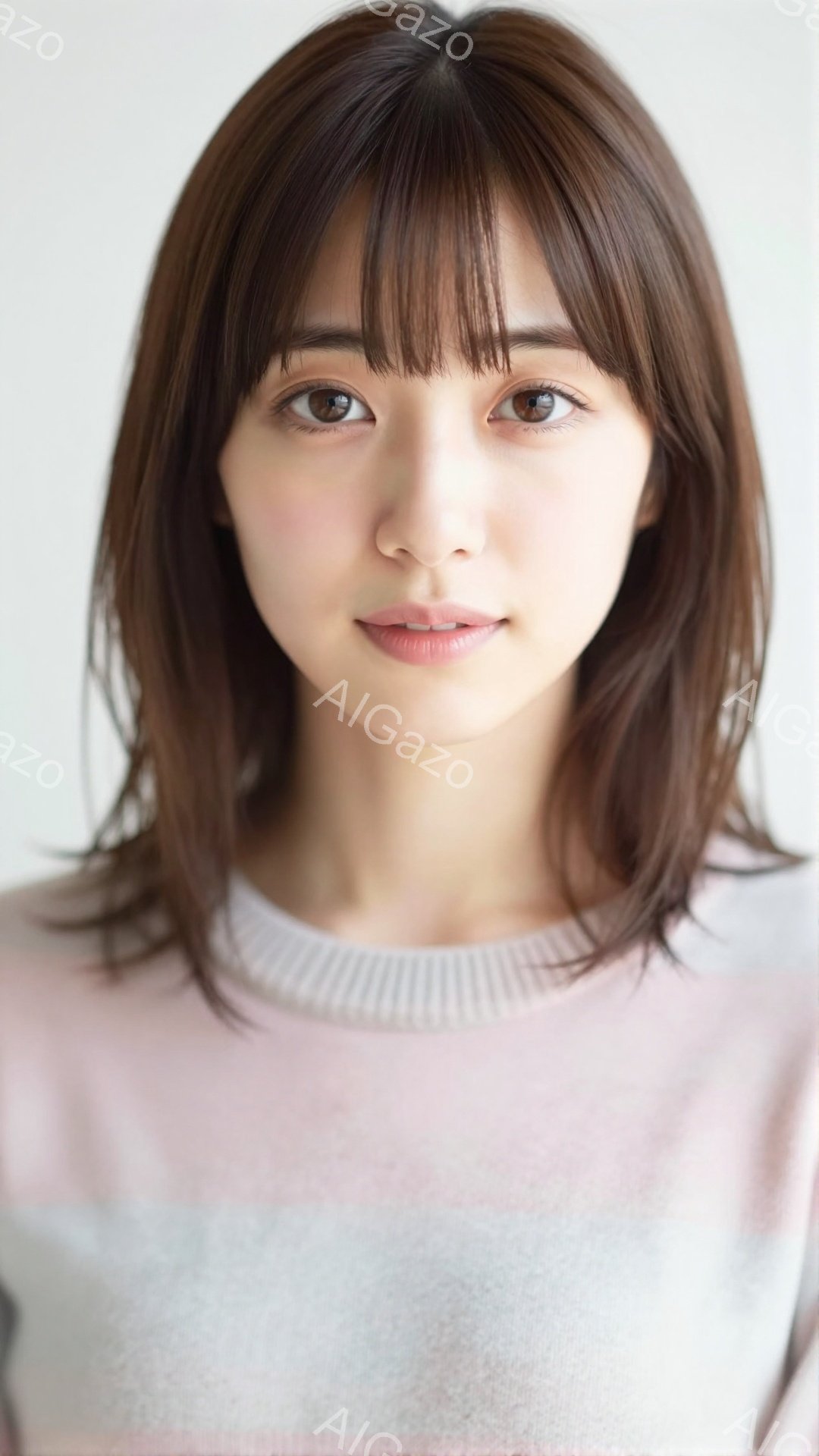 画像は、肩までの長さの茶色の髪と前髪を持つ若い女性のポートレートです。彼女は薄いピンク色のセーターを着ており、穏やかな笑顔を浮かべています。背景は白く、女性が際立っており、全体的に柔らかく優しい雰囲気 - AI生成フリー素材