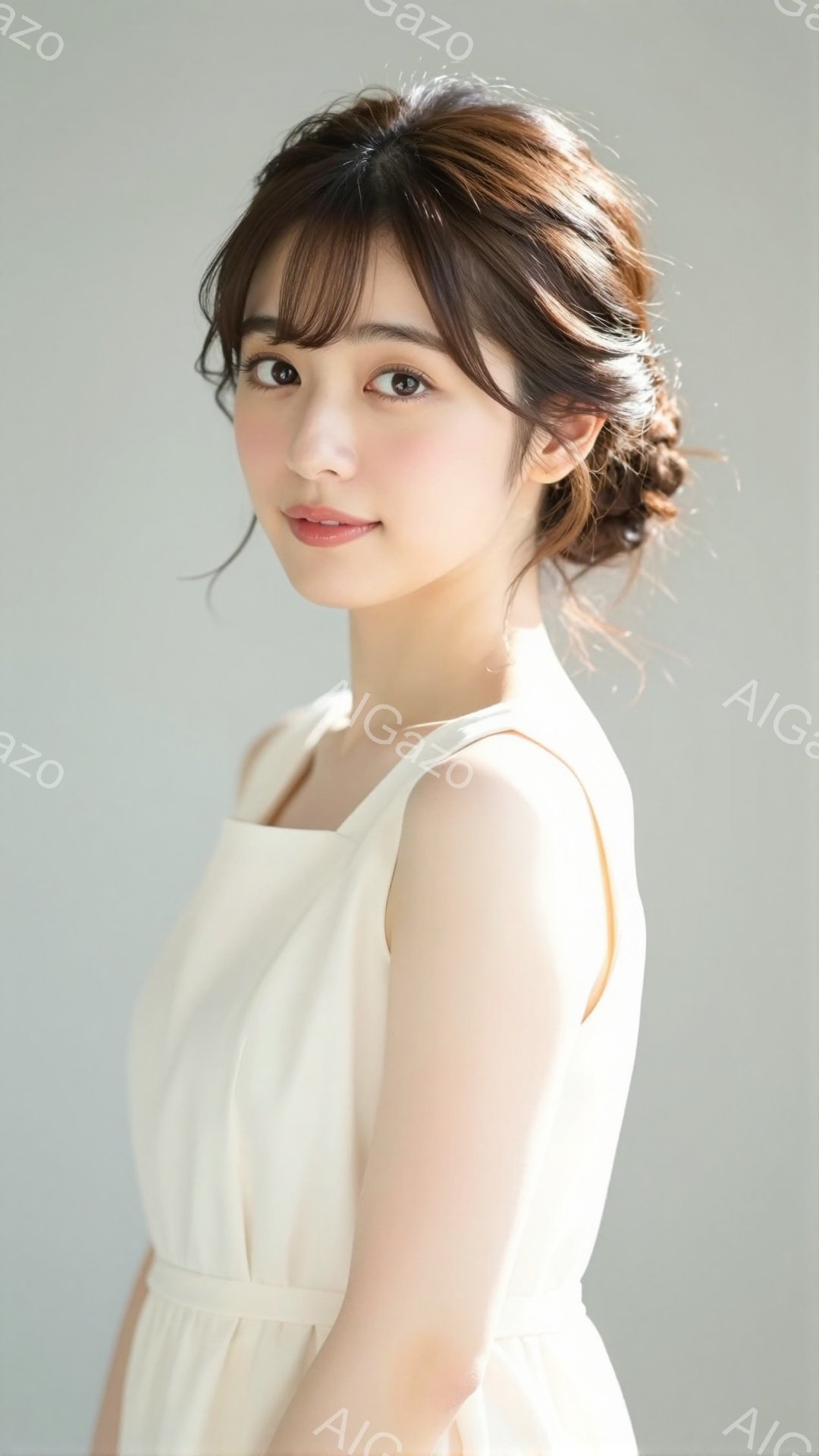 明るいクリーム色のワンピースを着た若い女性が写っています。彼女は髪を後ろでまとめ、顔には柔らかい微笑みを浮かべています。背景は淡いグレーで、人物が際立っており、全体的に穏やかで優しい雰囲気が漂っています。