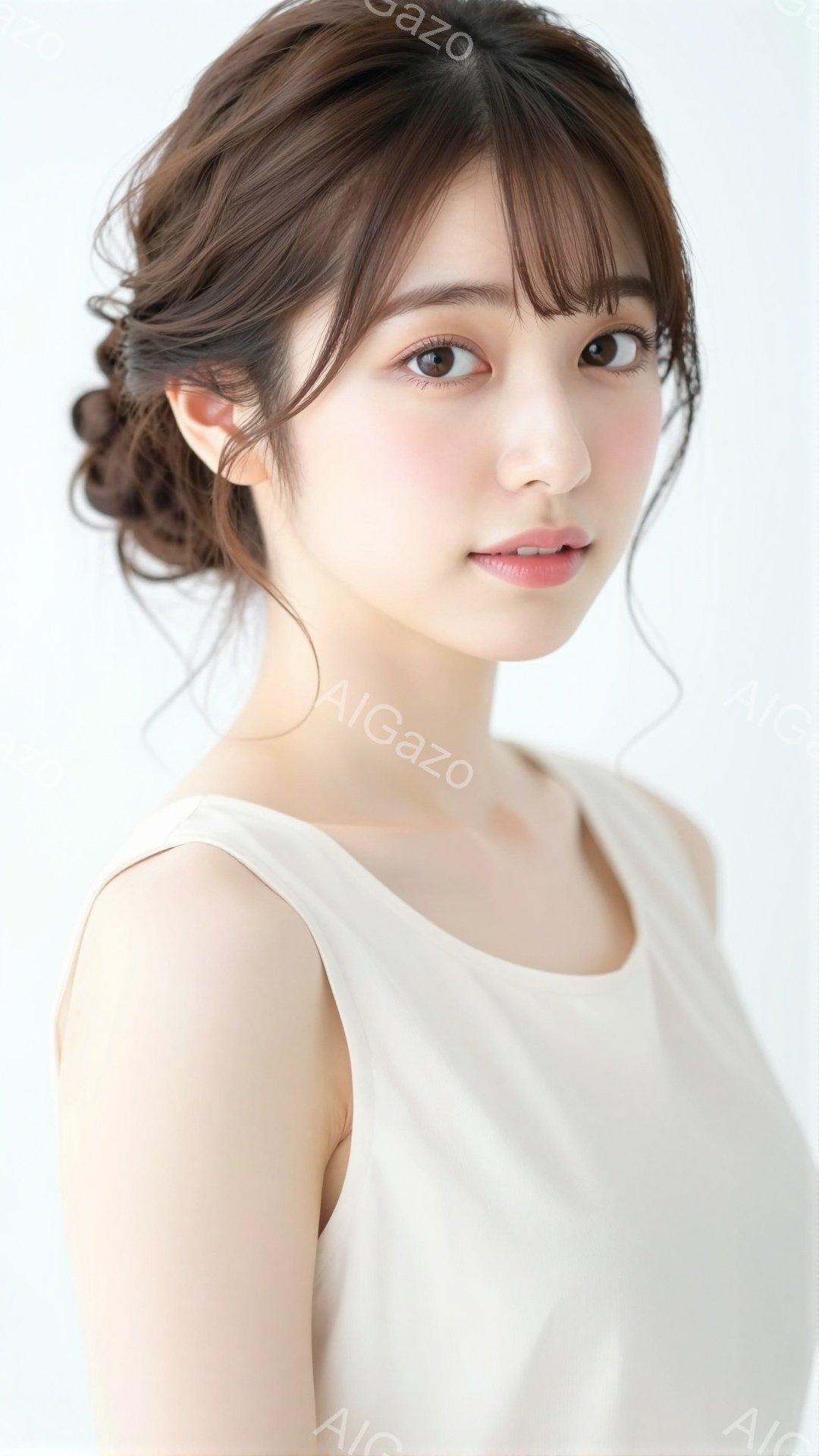 この女性は白いタンクトップを着て、髪を後ろでまとめ、前髪を少しだけ残したヘアスタイルです。彼女はわずかに微笑んでおり、穏やかで優しい表情をしています。背景は白く、人物が際立っており、全体的に清潔感と上 - AI生成フリー素材