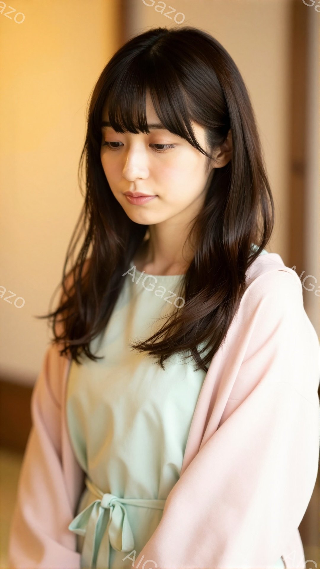 長い黒髪を肩のあたりで切りそろえた女性が写っています。薄い緑色のリボンで結ばれたトップスに、淡いピンク色のカーディガンを羽織っており、落ち着いた印象を与えます。彼女は少し下を向いており、物憂げな表情を - AI生成フリー素材