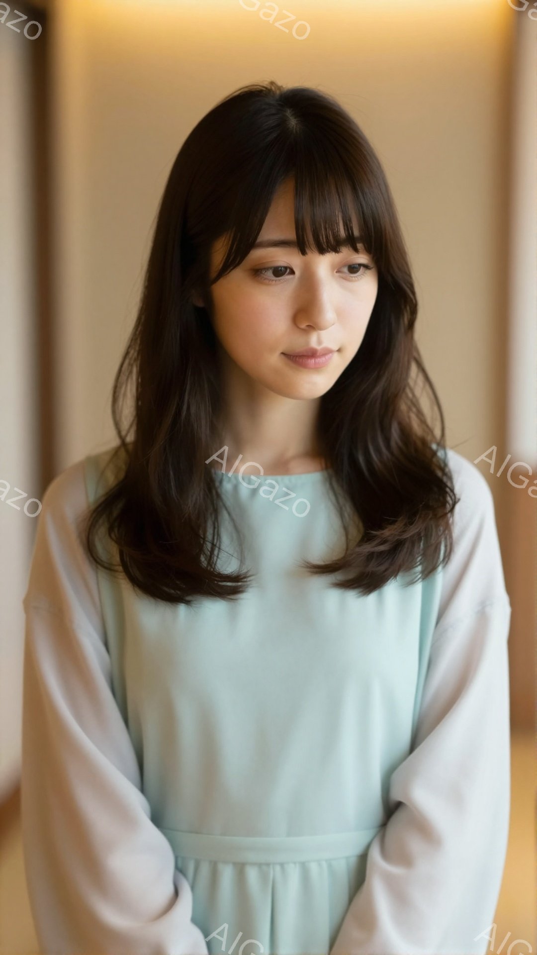 長い黒髪の女性が、水色のワンピースのような服を着ています。彼女はわずかに微笑んでおり、リラックスした表情で正面を見つめています。背景はぼかされており、淡い木目調の壁が見え、全体的に穏やかで柔らかい雰囲 - AI生成フリー素材