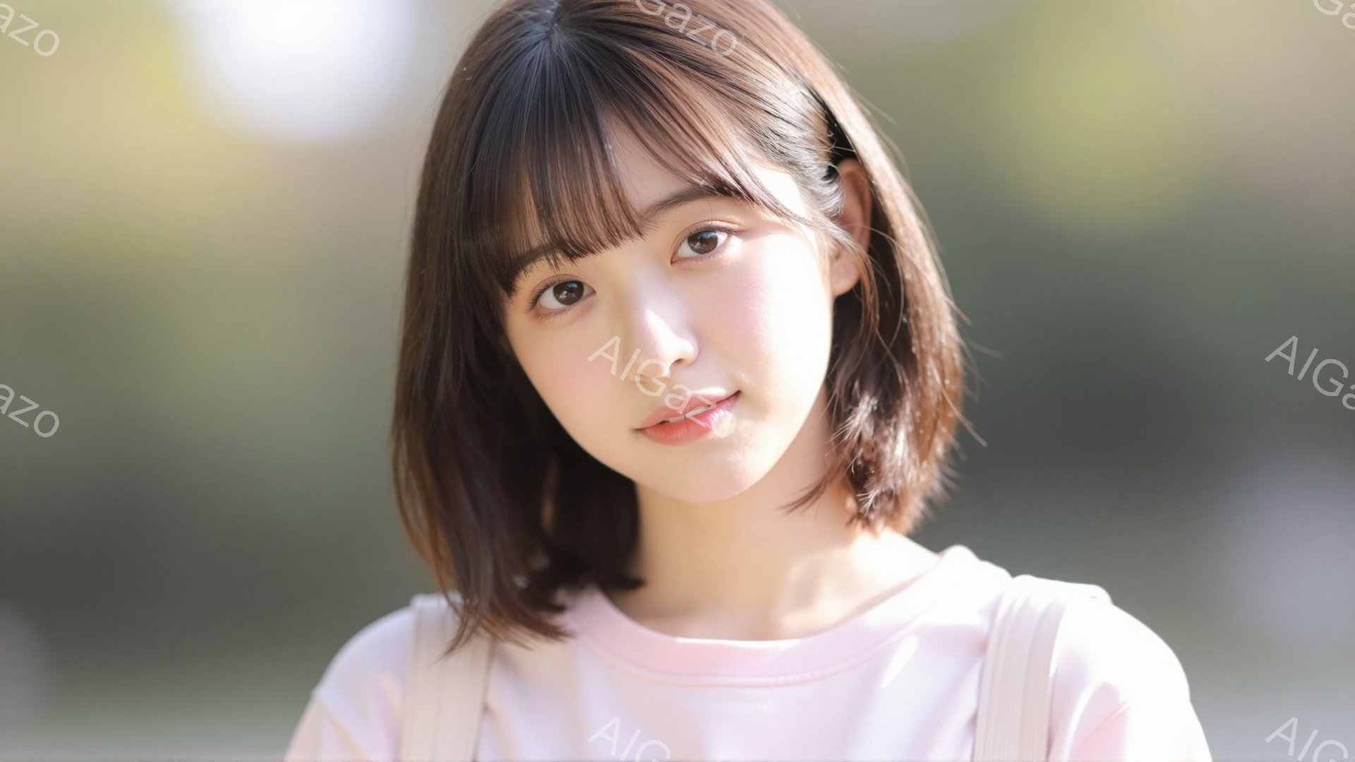 明るい茶色のショートヘアに前髪を下ろした若い女性が写っています。彼女は薄いピンク色のシンプルなTシャツを着ており、穏やかな笑顔を浮かべています。背景は緑豊かな木々でぼやけており、柔らかく暖かやかな雰囲 - AI生成フリー素材