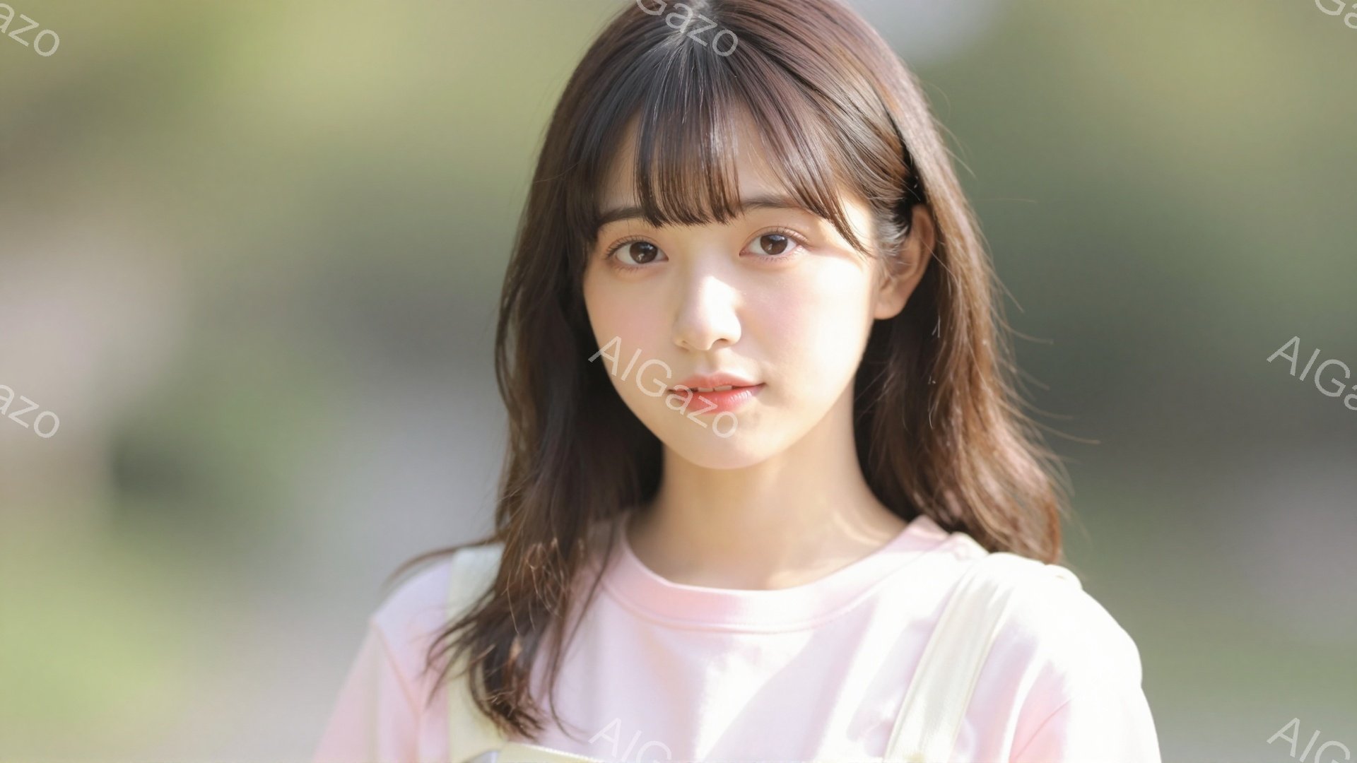 画像は、明るい笑顔を見せる若い女性を捉えています。彼女はピンク色のTシャツを着ており、肩に何かをかけています。背景はぼやけていますが、緑豊かな自然が感じられ、晴れた日の穏やかな雰囲気が漂っています。 - AI生成フリー素材