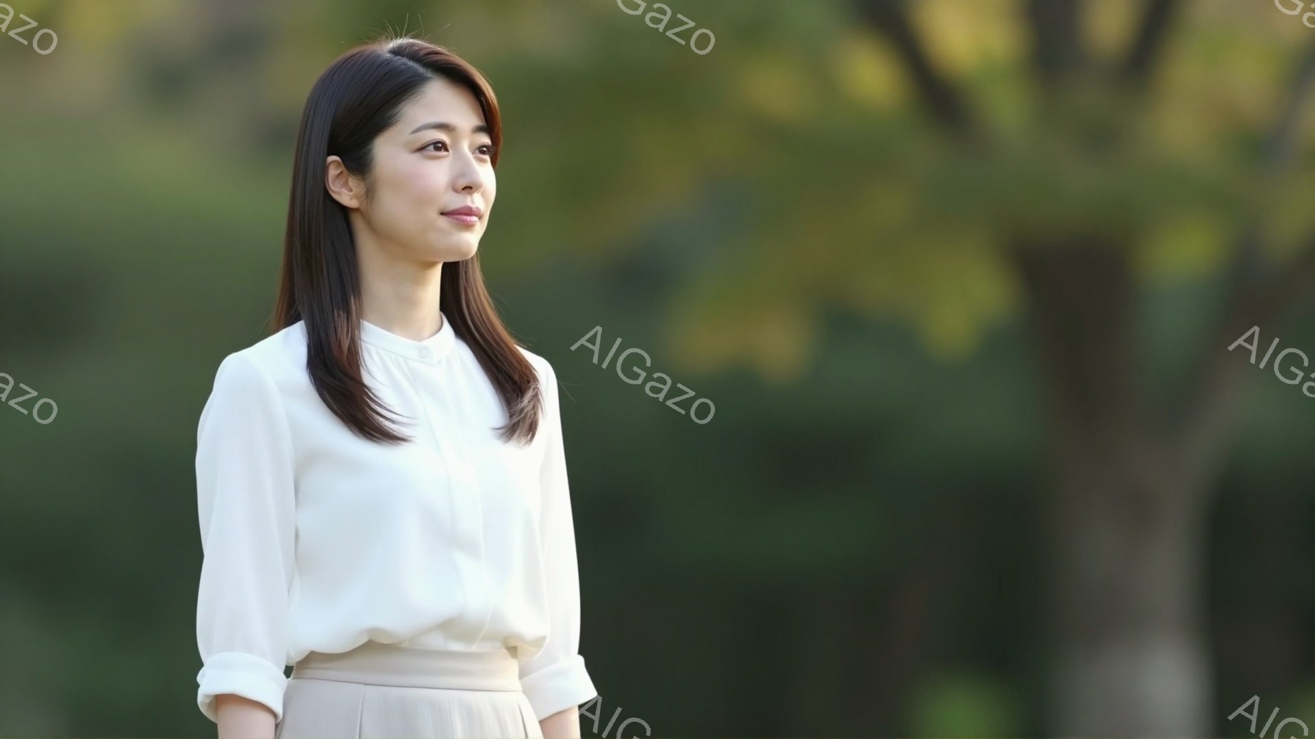 明るいクリーム色のブラウスにスカートを身につけた女性が、少し横を向いて遠くを見つめている。彼女の髪は長く、ストレートで、穏やかな表情をしており、背景にはぼやけた緑色の木々が見える。全体的に柔らかく、静 - AI生成フリー素材
