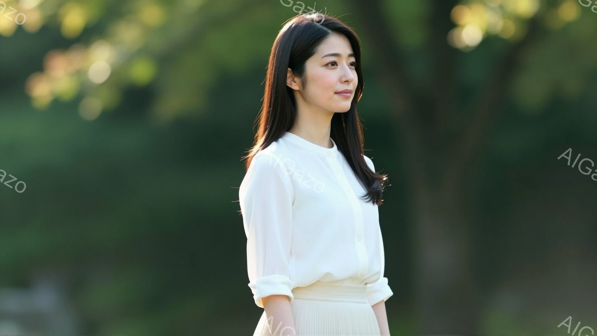 白いブラウスと淡い色のスカートを身に着けた女性が、横顔で写っています。彼女は穏やかな表情で、少し微笑んでいるように見えます。背景には緑豊かな木々が見え、柔らかな光が差し込み、全体的に穏やかで優しい雰囲 - AI生成フリー素材