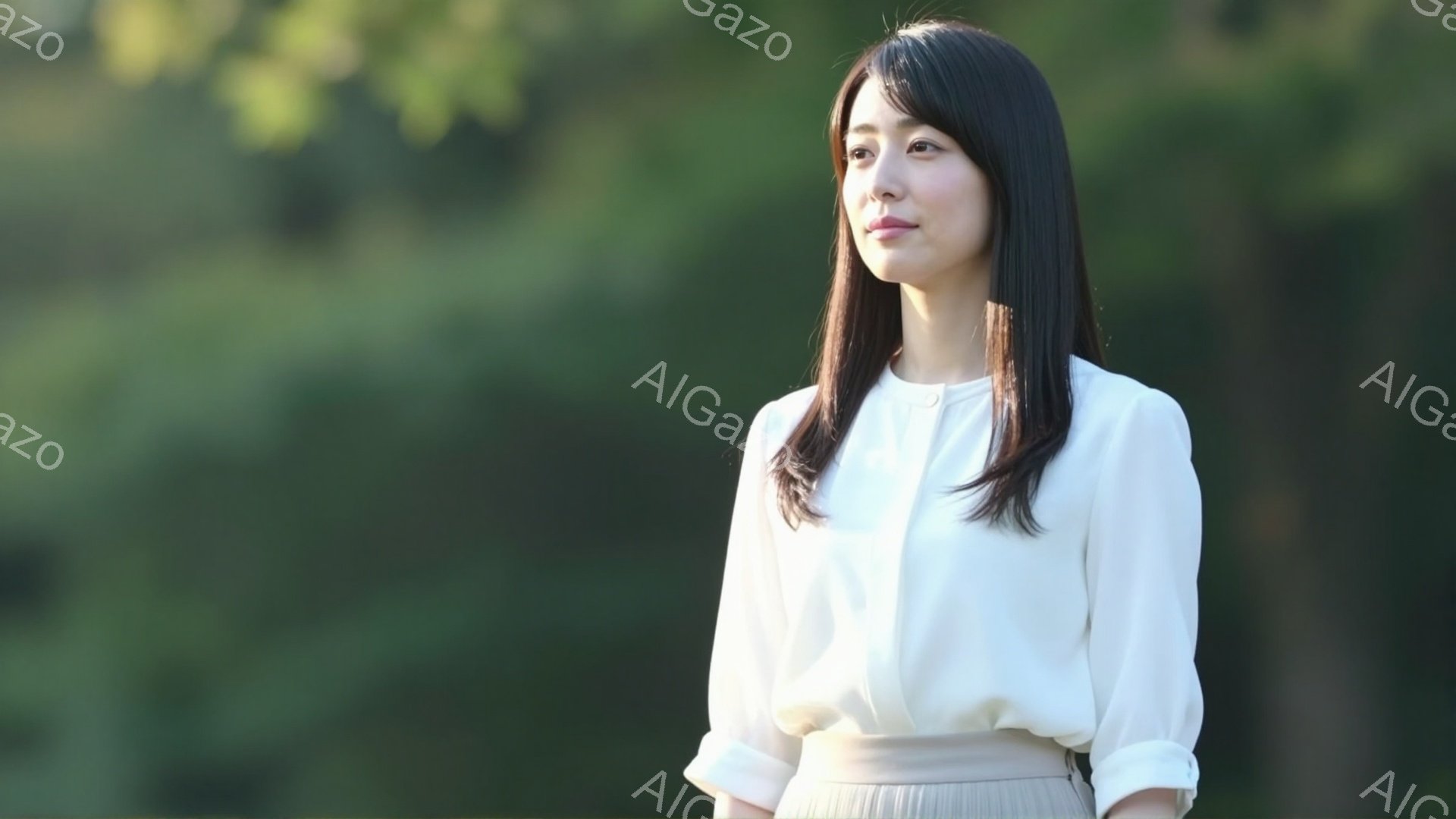 長い黒髪を肩まで伸ばした女性が、オフホワイトのブラウスとベージュのスカートを身につけて立っています。彼女は少し上を見つめ、穏やかで物憂げな表情をしています。背景には緑豊かな木々が見え、柔らかな光が彼女を照らしており、静かで落ち着いた雰囲気を醸し出しています。