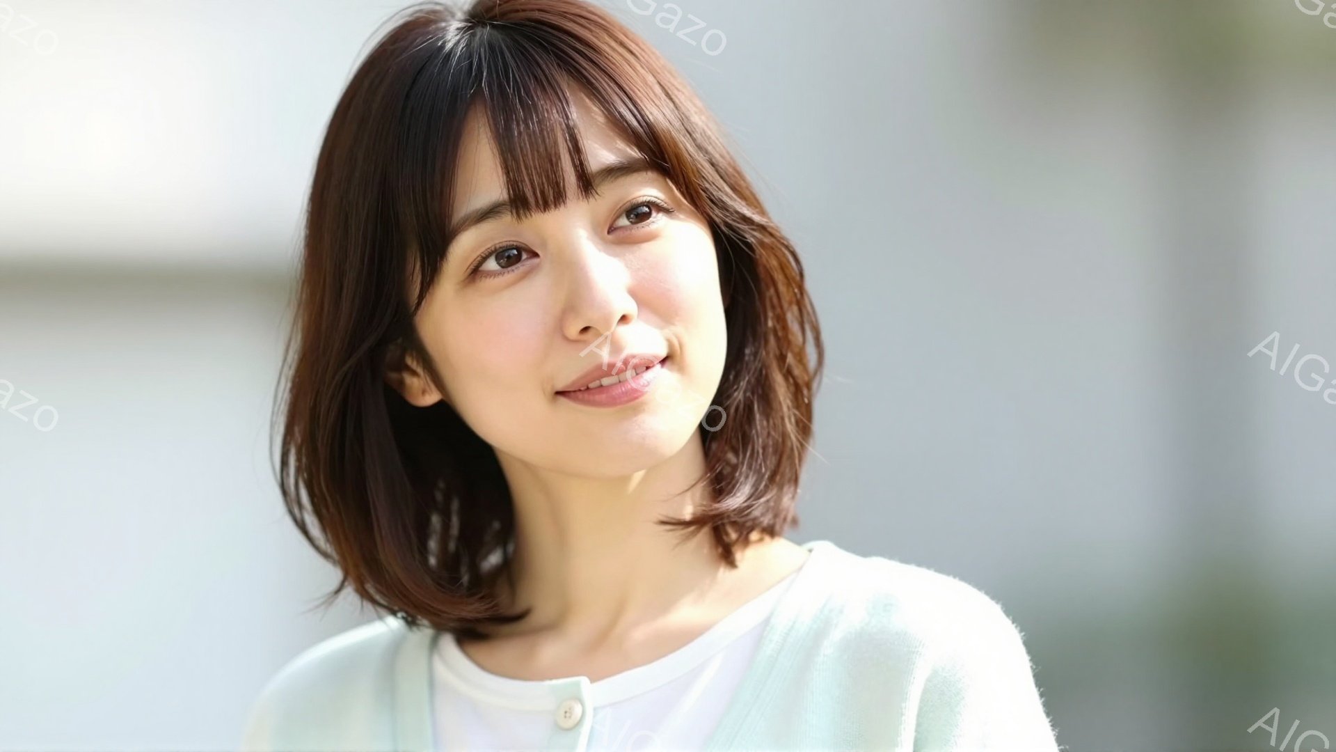 この女性は、薄い緑色のカーディガンと白いインナーを着ています。短めのボブヘアで、わずかに前髪が目にかかっており、笑顔でカメラを見ています。背景はぼやけていますが、建物の一部が見え、屋外で晴れた日のよう - AI生成フリー素材