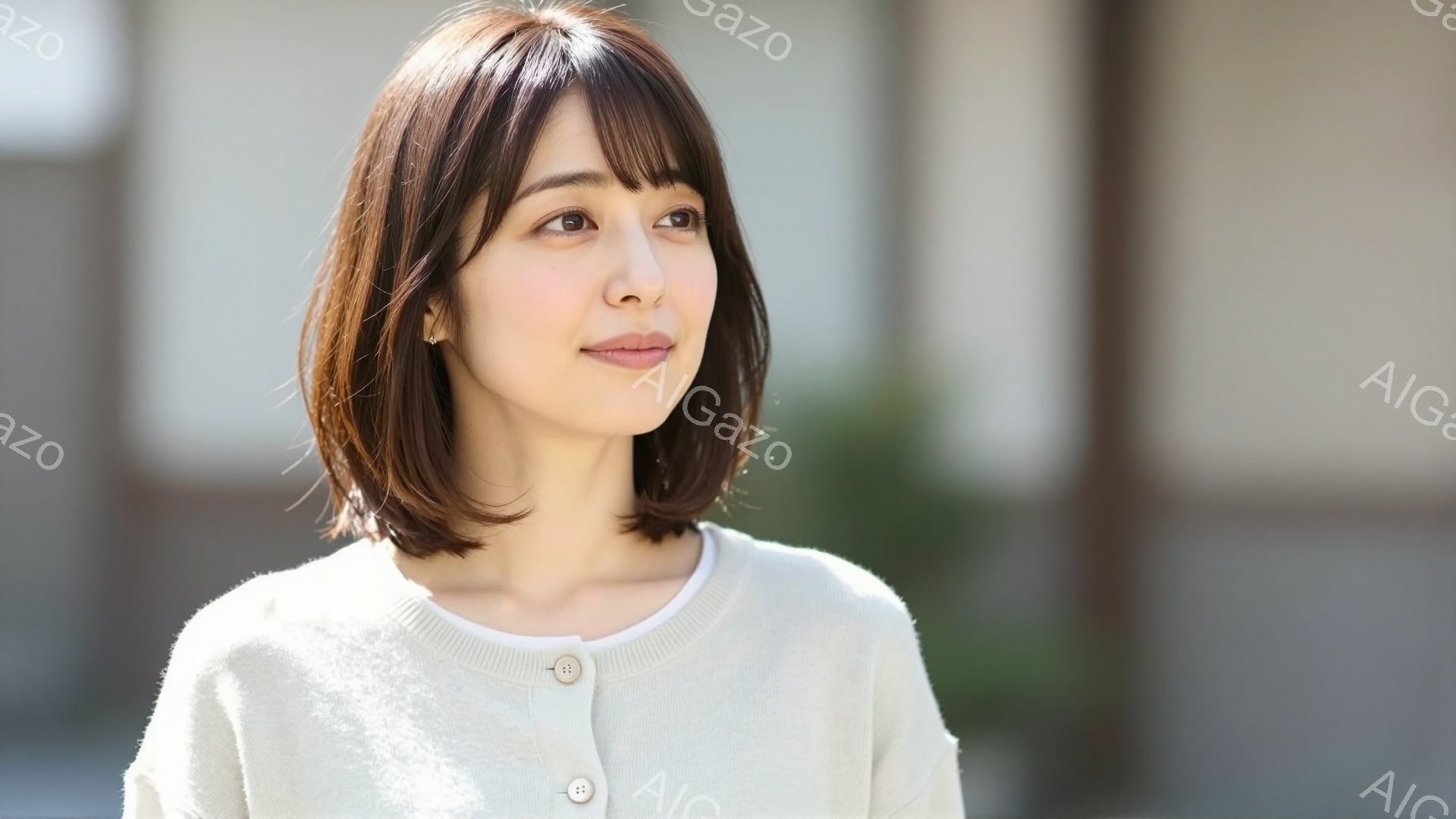 ショートヘアの女性が、オフホワイトのカーディガンに白いインナーを着て、少し右を向いて微笑んでいます。彼女の表情は穏やかで、背景にはぼやけた建物と緑が見えます。全体的に、明るく柔らかい雰囲気のポートレー - AI生成フリー素材