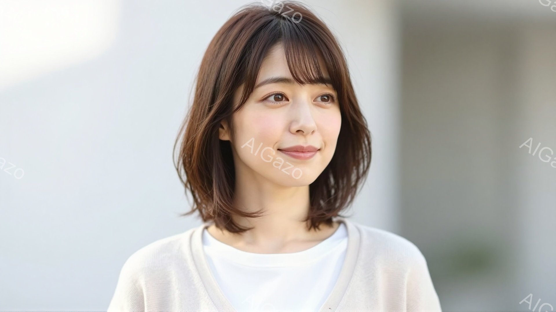 茶髪のショートヘアで、前髪が少し長めの女性が写っています。白いニットカーディガンに白いインナーを着ており、穏やかな笑顔を浮かべています。背景は白っぽい壁で、自然光が差し込み、全体的に明るく優しい雰囲気 - AI生成フリー素材