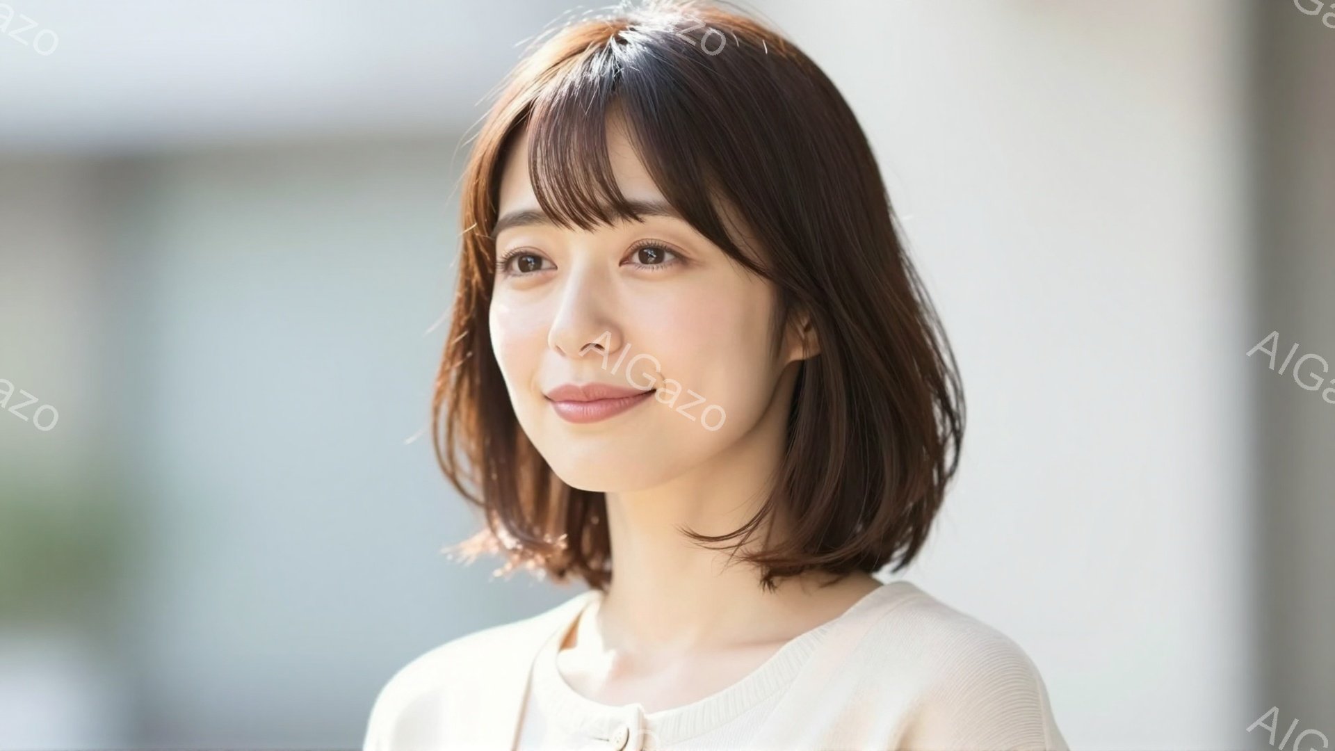 画像は、明るいベージュのセーターを着た若い女性のポートレートです。彼女は肩までの長さの茶髪で、前髪が目にかかるヘアスタイルをしています。穏やかな微笑みを浮かべ、リラックスした雰囲気でカメラを見つめてい - AI生成フリー素材