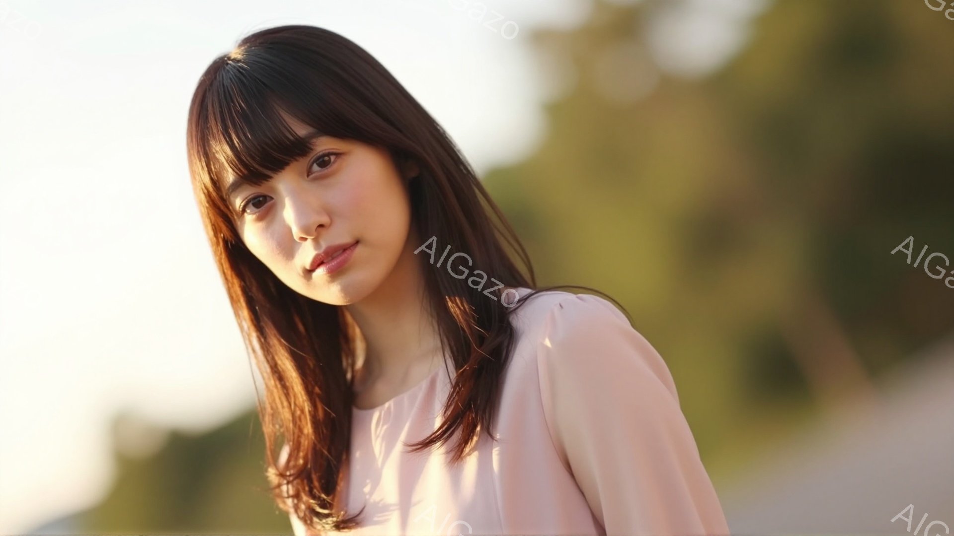 長い黒髪を肩にかかるように流した女性が写っている。薄いピンク色のブラウスを着ており、少し微笑んだ表情でカメラを見つめている。背景はぼやけているが、緑豊かな自然と日差しが差し込む穏やかな雰囲気を感じさせ - AI生成フリー素材