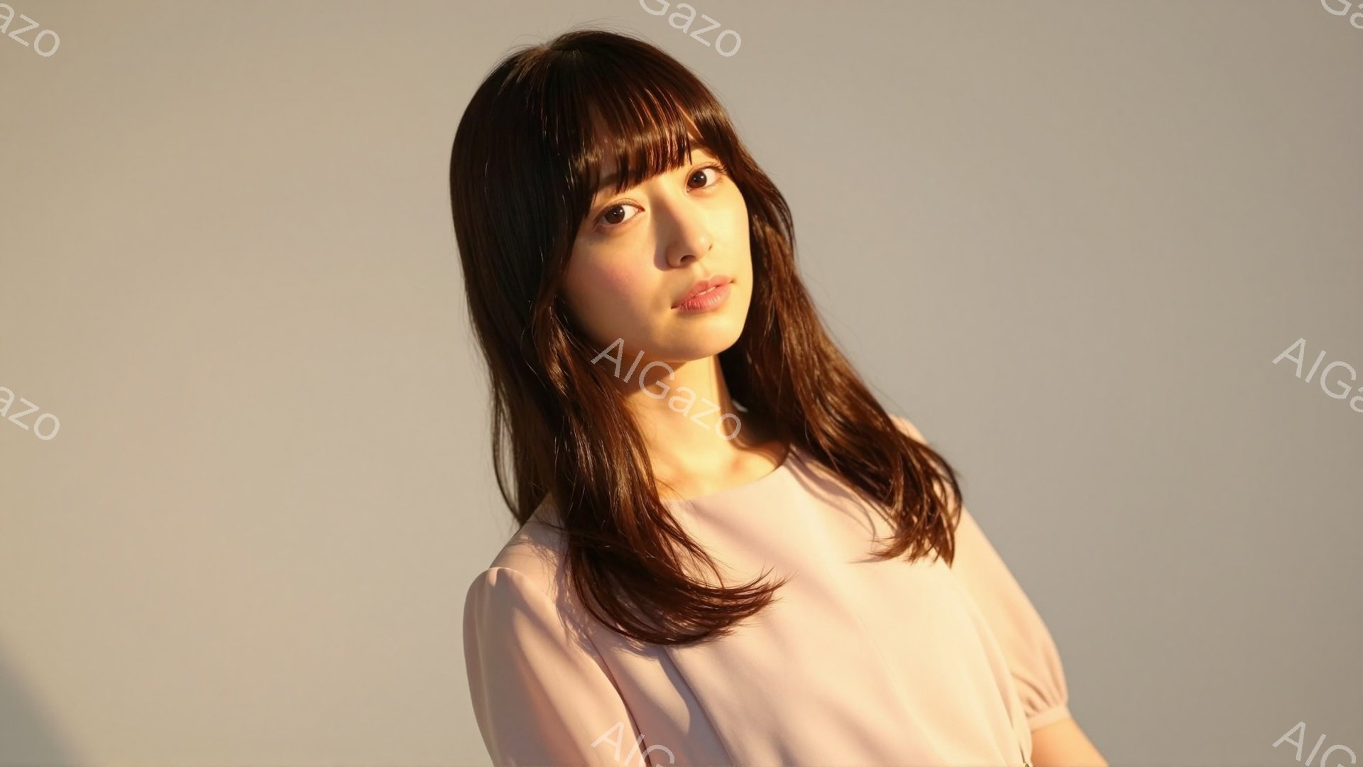 長い茶色の髪を肩にかけ、前髪は眉毛にかかるように切り揃えられた女性が写っている。淡いピンク色のブラウスを着ており、表情は穏やかで、わずかに微笑んでいるように見える。背景は白っぽく、人物が際立っており、 - AI生成フリー素材