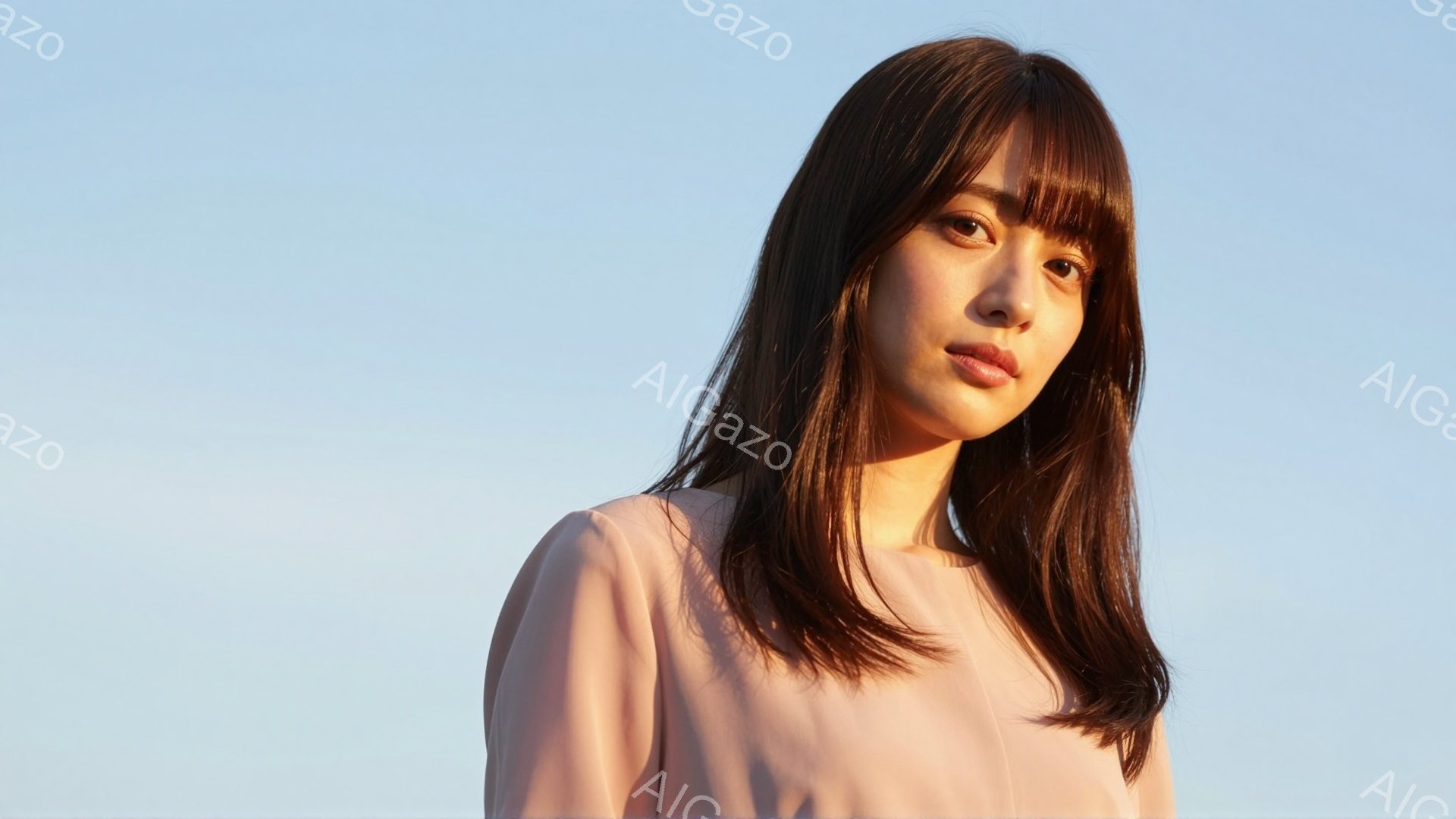 長いダークブラウンの髪は肩にかかる程度にカットされ、前髪は眉毛にかかるように流されています。女性は薄いピンク色のブラウスを着用し、わずかに微笑み、視線はカメラの方向を向いています。背景は淡い水色で、全 - AI生成フリー素材