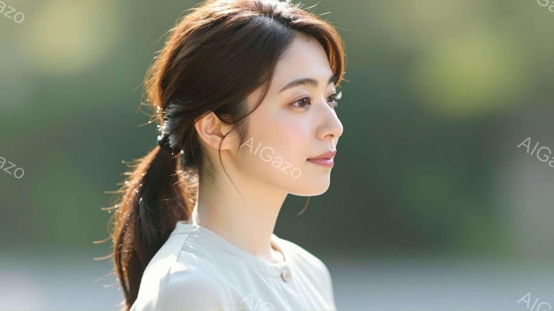 長い黒髪をハーフアップにした若い女性が写っています。白いブラウスを着ており、横顔で穏やかな微笑みを浮かべています。背景は緑色のぼやけた自然で、柔らかい光が彼女を照らし、優しい雰囲気を醸し出しています。