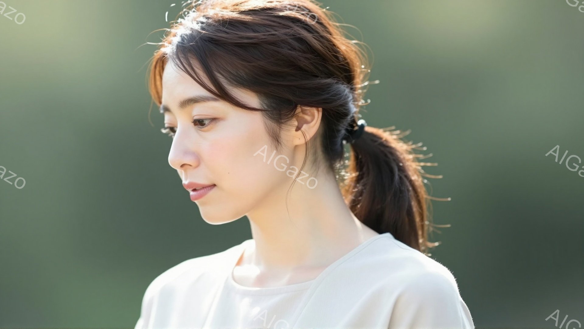 この女性は白いトップスを着ており、髪は後ろで緩くまとめられています。彼女は少し横を向いており、穏やかで落ち着いた表情をしています。背景は緑色にぼやけており、自然の中で撮影された柔らかな雰囲気の写真です。