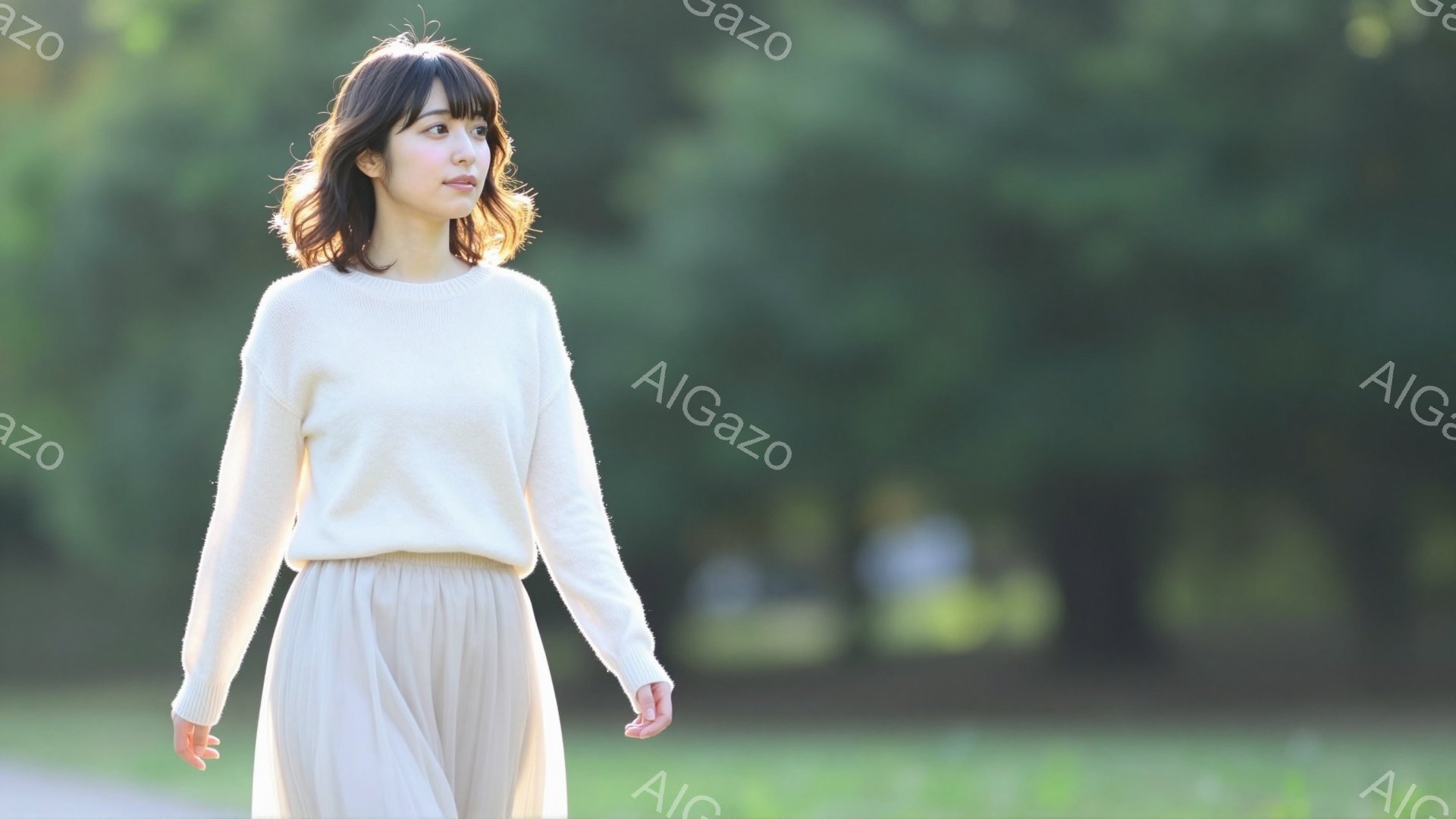 明るい茶髪の女性が、白いセーターとベージュのプリーツスカートを身に着けて、緑豊かな背景の中で正面を見つめて立っている。彼女は軽く微笑んでおり、リラックスした雰囲気で、背景の緑が彼女を際立たせている。背景にはぼやけた木々が見え、晴れた日の穏やかな光が差し込んでいる。