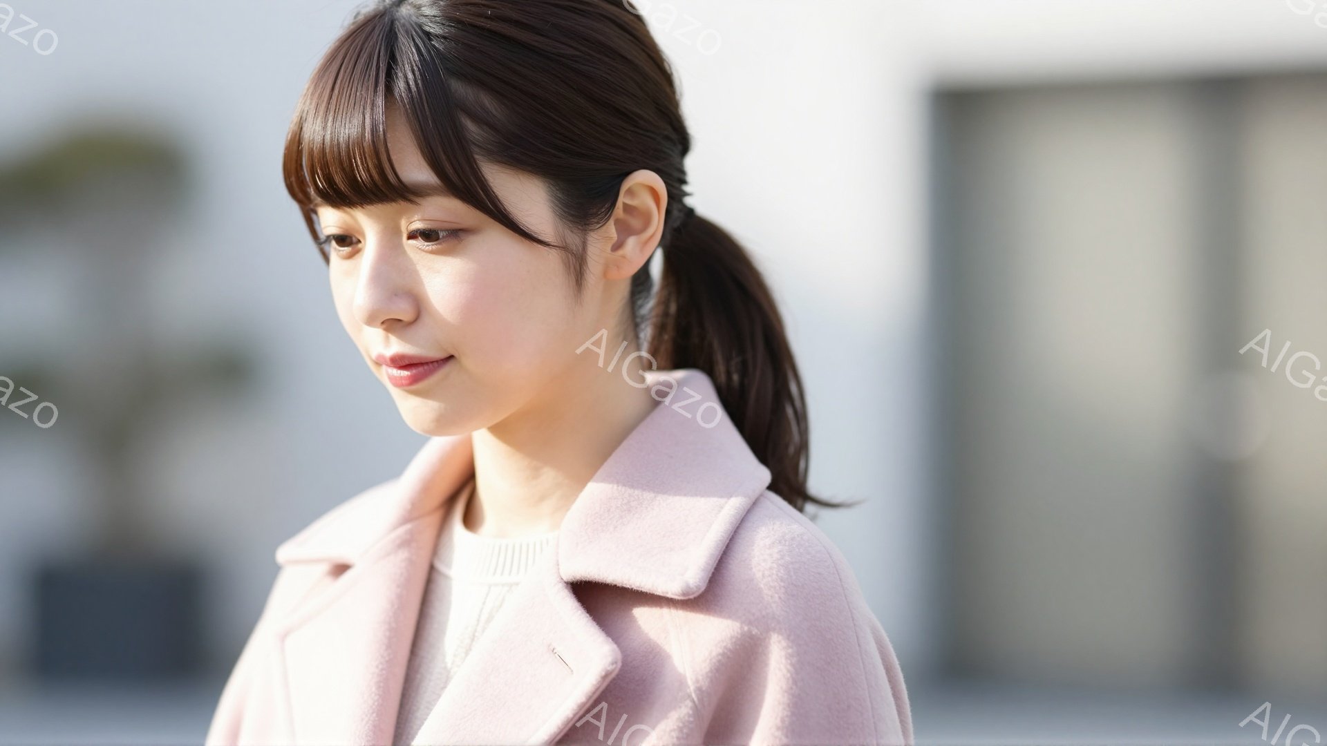 若い女性が薄桃色のコートを着て、横を向いて少し微笑んでいます。彼女は髪を後ろで束ねており、カジュアルながらも上品な印象です。背景には白壁と緑が見え、穏やかで暖かな日差しが差し込む春らしい雰囲気を感じさせます。