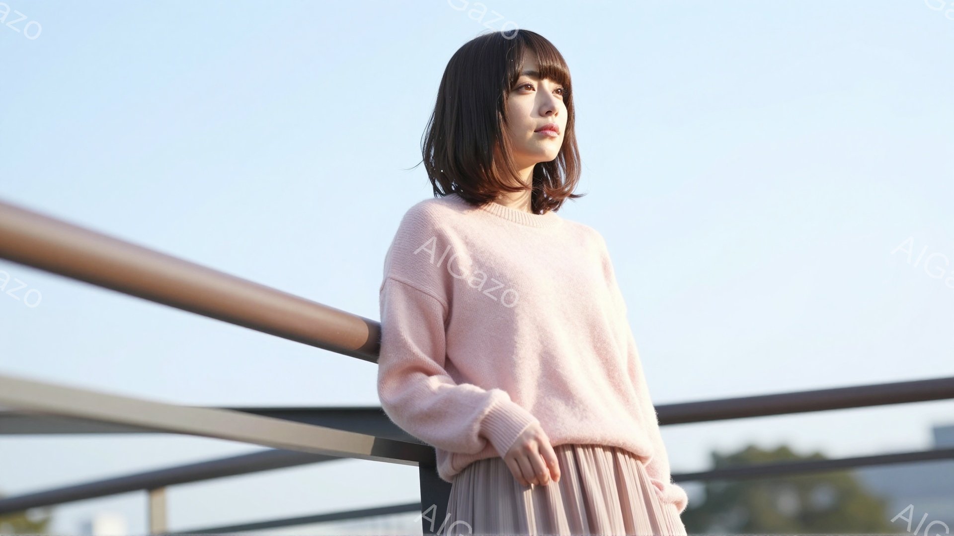 若い女性が柔らかいピンク色のセーターとベージュのフレアスカートを身につけて立っている。彼女は肩までの長さのダークブラウンの髪で、少し上目遣いで、穏やかな表情をしている。背景には、金属製の柵と少し緑が見 - AI生成フリー素材