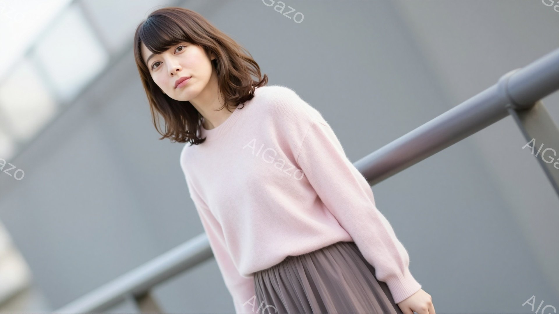 明るいピンク色のセーターと、くすんだ紫色のプリーツスカートを身に着けた女性が写っています。彼女は少し上目線でカメラを見ており、柔らかい笑顔を浮かべています。背景はモダンな建築物で、白とグレーのコントラ - AI生成フリー素材