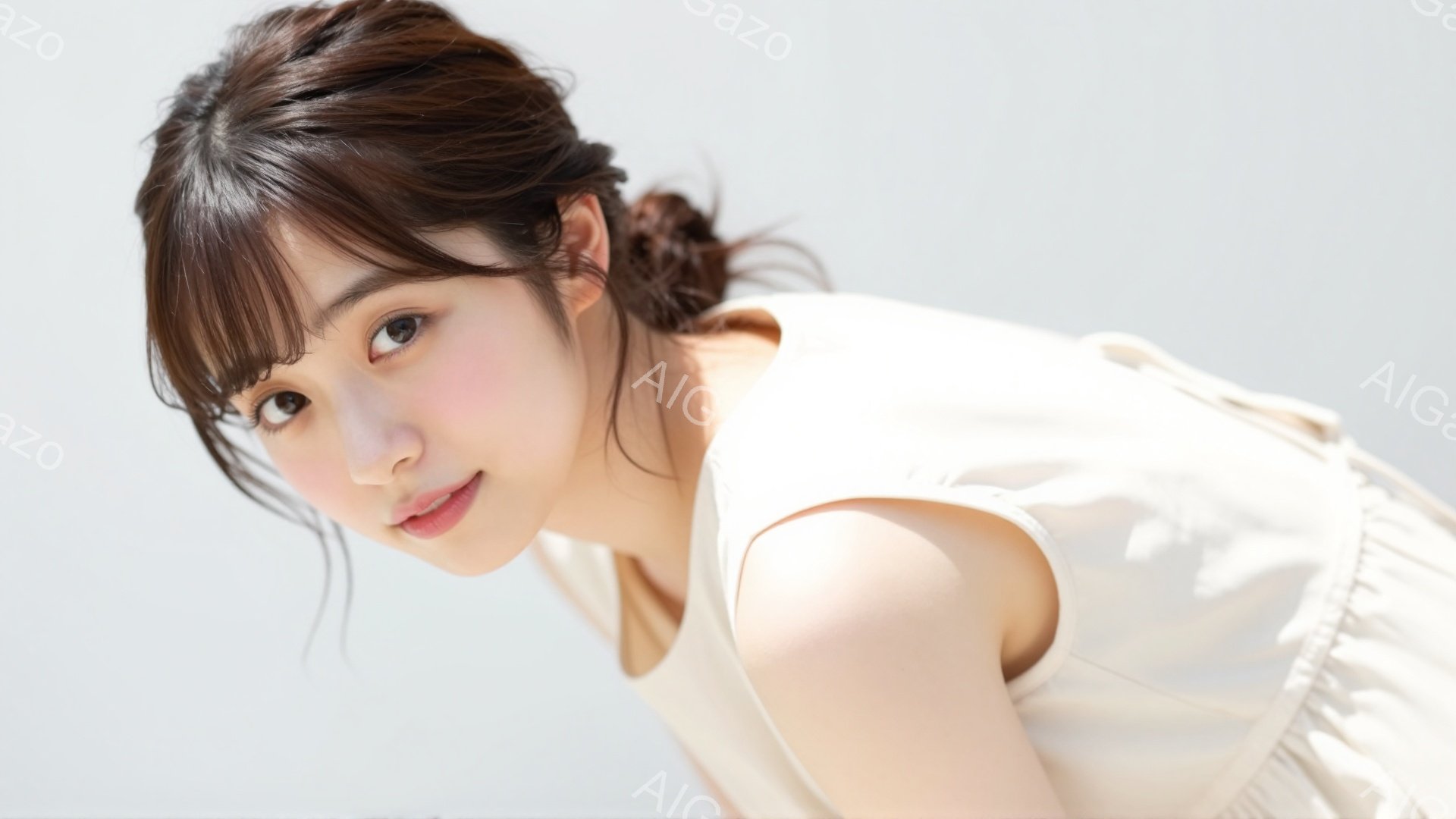 画像は、明るい茶色の髪を肩まで伸ばし、前髪を少しふんわりとさせた若い女性が写っています。彼女はオフホワイトのトップスを着ており、わずかに首を傾げてカメラを見つめ、柔らかな笑顔を浮かべています。背景は白く、女性が際立っており、全体的に清潔感と明るさを感じさせる雰囲気です。