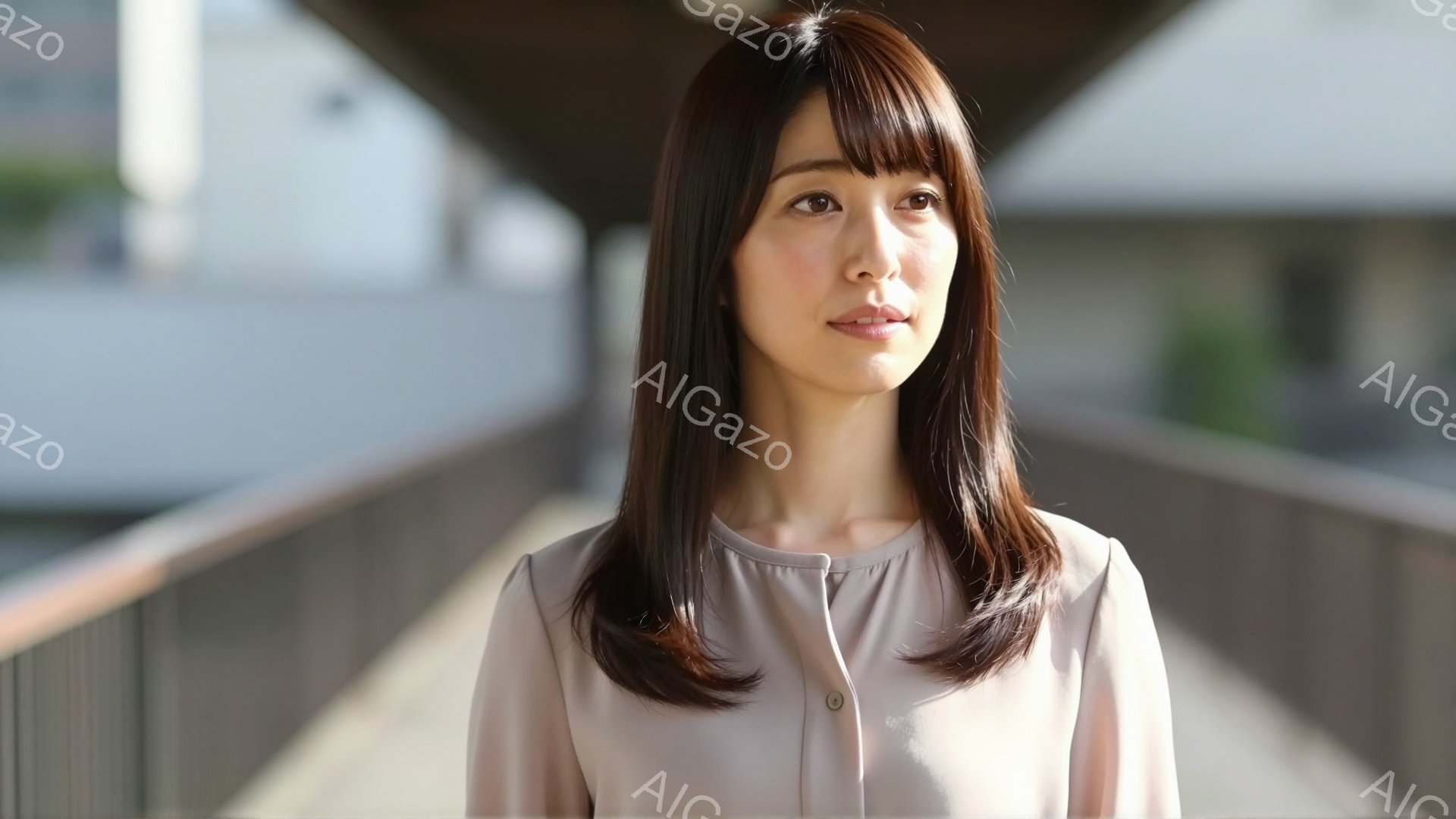 画像には、薄茶色のブラウスを着た女性が写っています。彼女は肩までの長さのストレートヘアで、少し微笑んでいるように見えます。背景には、コンクリートの構造物が見え、やや明るい日差しが差し込んでおり、落ち着いた雰囲気を醸し出しています。