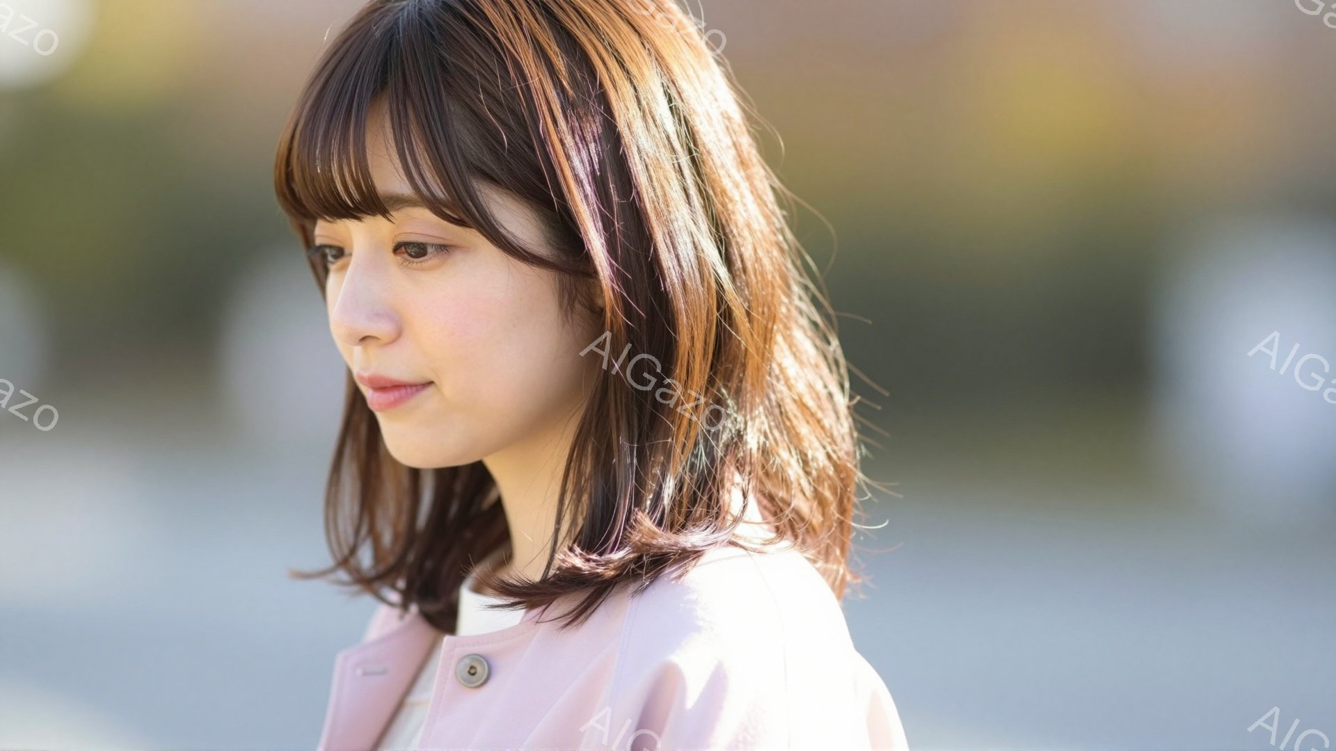 明るい茶髪のショートボブヘアの女性が、ピンク色のジャケットを着て横を向いています。彼女はわずかに微笑んでおり、穏やかな表情をしています。背景はぼやけていますが、屋外で日差しが差し込んでいる様子から、晴 - AI生成フリー素材