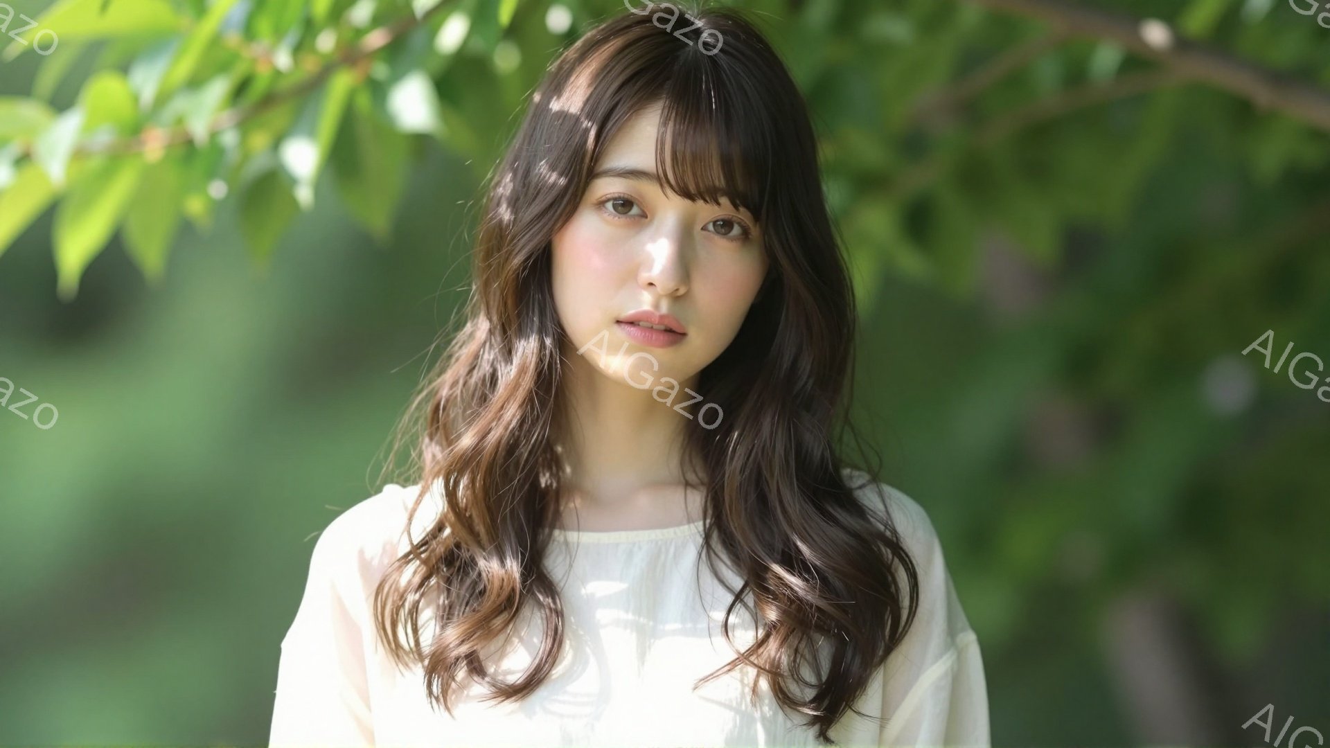 長い茶色の髪を無造作にウェーブかけた女性が写っている。オフホワイトのブラウスを着ており、少し微笑んだ表情で正面を見ている。背景は緑豊かな木々で、柔らかな自然光が差し込み、穏やかで優しい雰囲気を醸し出している。