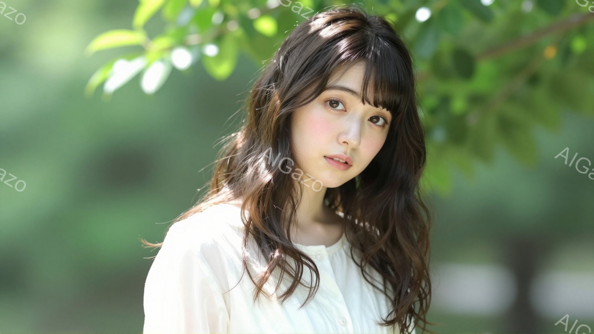 長いダークブラウンの髪を無造作にウェーブさせた女性が写っています。白いブラウスを着て、少し微笑んだ表情でカメラを見ています。背景は緑豊かな木々で、柔らかい光が差し込み、穏やかで優しい雰囲気を醸し出して - AI生成フリー素材