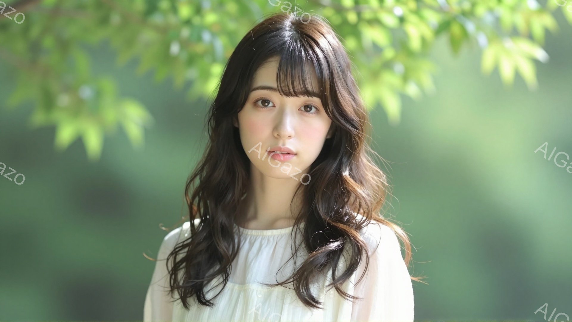 長い茶色の髪に前髪がぱっつんとした若い女性が写っている。白いブラウスを着ており、少し微笑んだ優しい表情をしている。背景は緑豊かな木々で、自然光が柔らかく差し込み、全体的に穏やかで温かい雰囲気を醸し出し - AI生成フリー素材