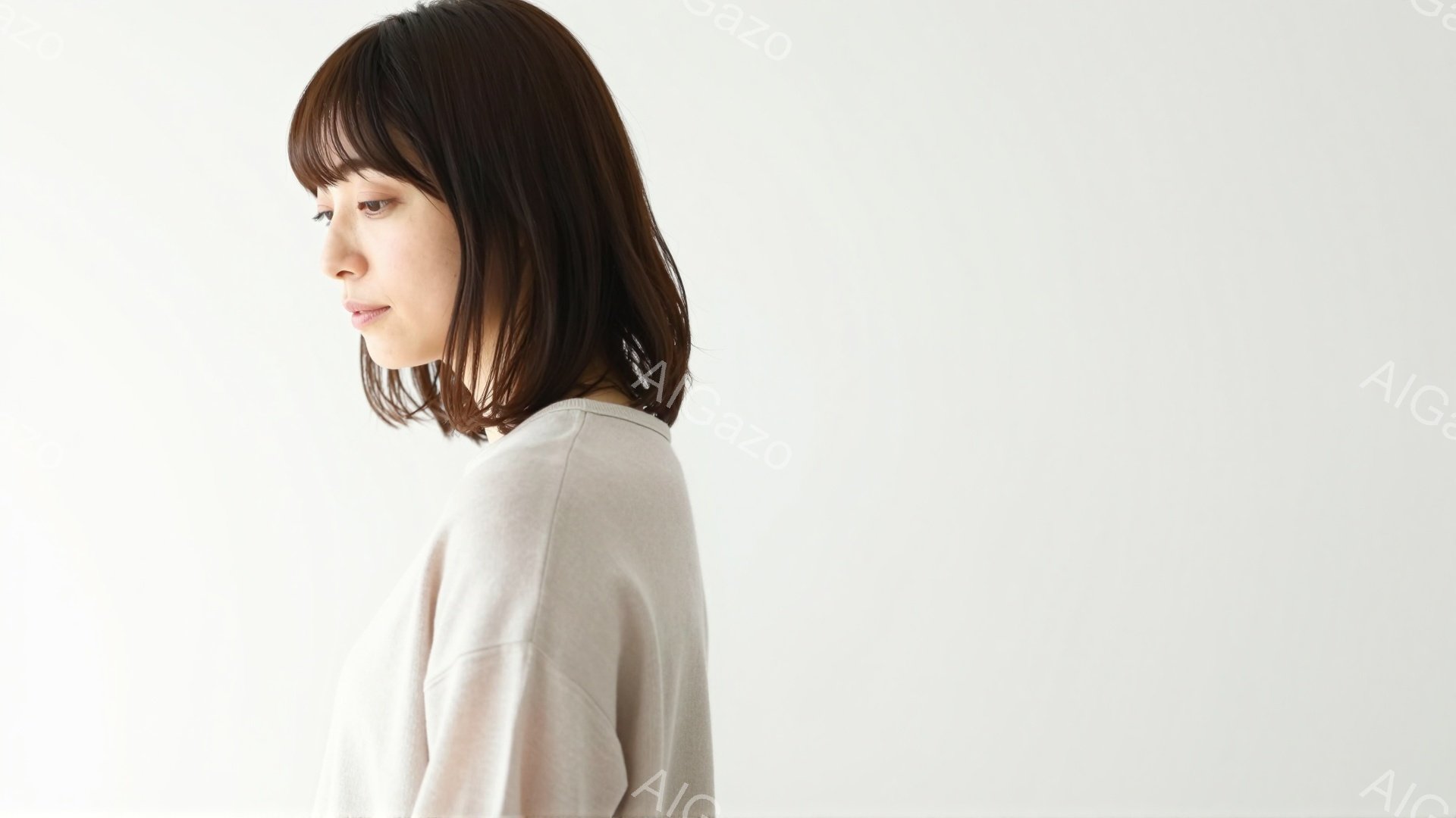 画像には、横顔の女性が写っています。彼女はベージュ色のシンプルな長袖シャツを着ており、肩までの長さのダークブラウンの髪はストレートで、前髪は眉毛にかかる程度に切り揃えられています。背景は白く、人物に焦点が当てられており、穏やかで落ち着いた雰囲気が漂っています。