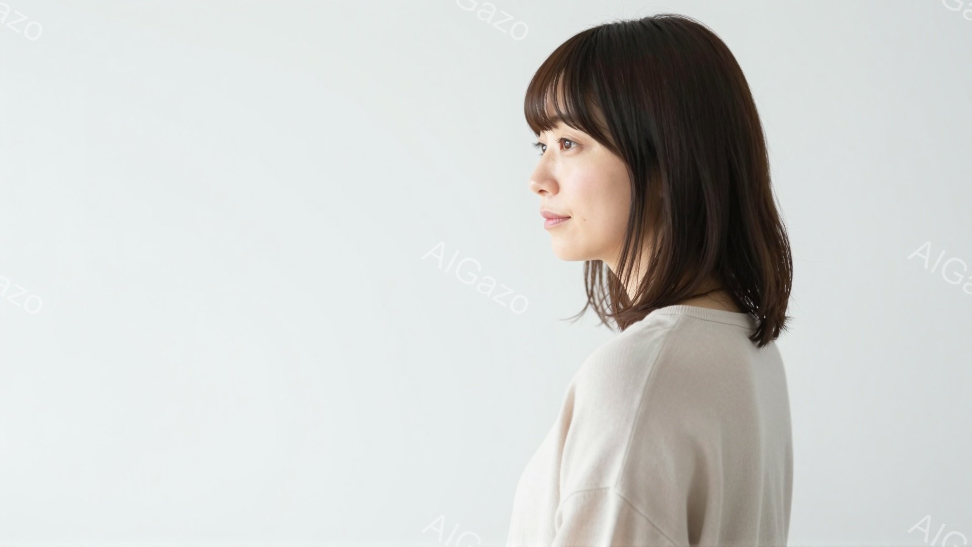 画像は、横顔の女性を捉えています。彼女はベージュ色のシンプルなトップスを着ており、肩までの長さのダークブラウンの髪をしています。彼女の表情は穏やかで、何かを考えているかのように見え、姿勢はリラックスし - AI生成フリー素材