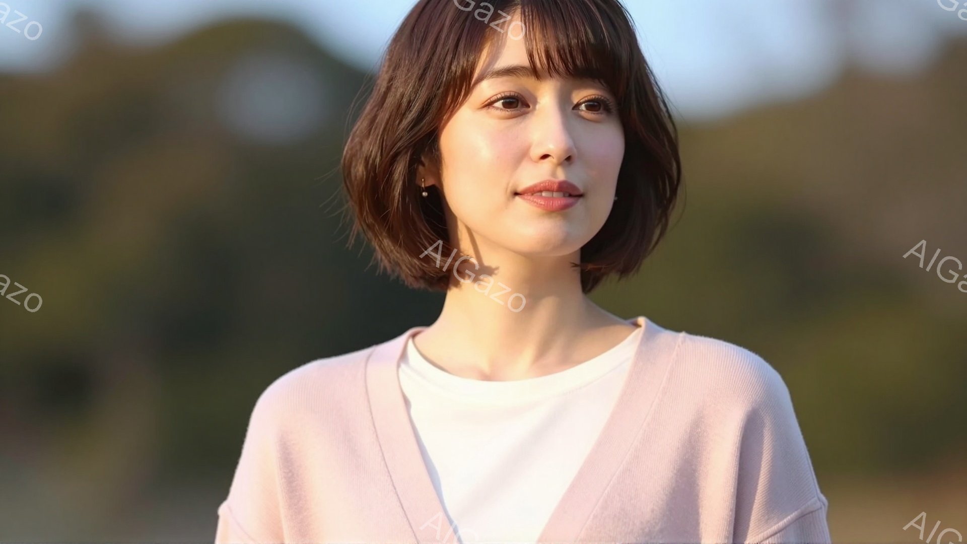 ショートヘアの女性が写っており、ピンク色のカーディガンに白いインナーを着ています。彼女はわずかに微笑んでおり、リラックスした雰囲気で正面を見ています。背景にはぼやけた緑色の木々が見え、穏やかな晴天の日 - AI生成フリー素材