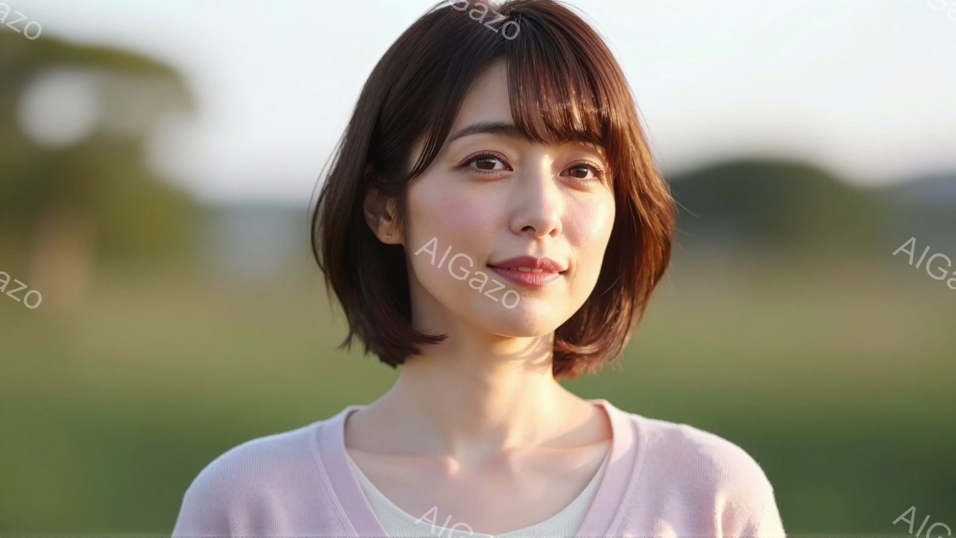 この女性は、ショートボブの茶髪で、前髪が眉毛にかかるヘアスタイルです。薄いピンク色のセーターの上に白いインナーを着ており、わずかに微笑んだ表情をしています。背景は緑豊かな草原で、ぼやけた遠景には山々が - AI生成フリー素材