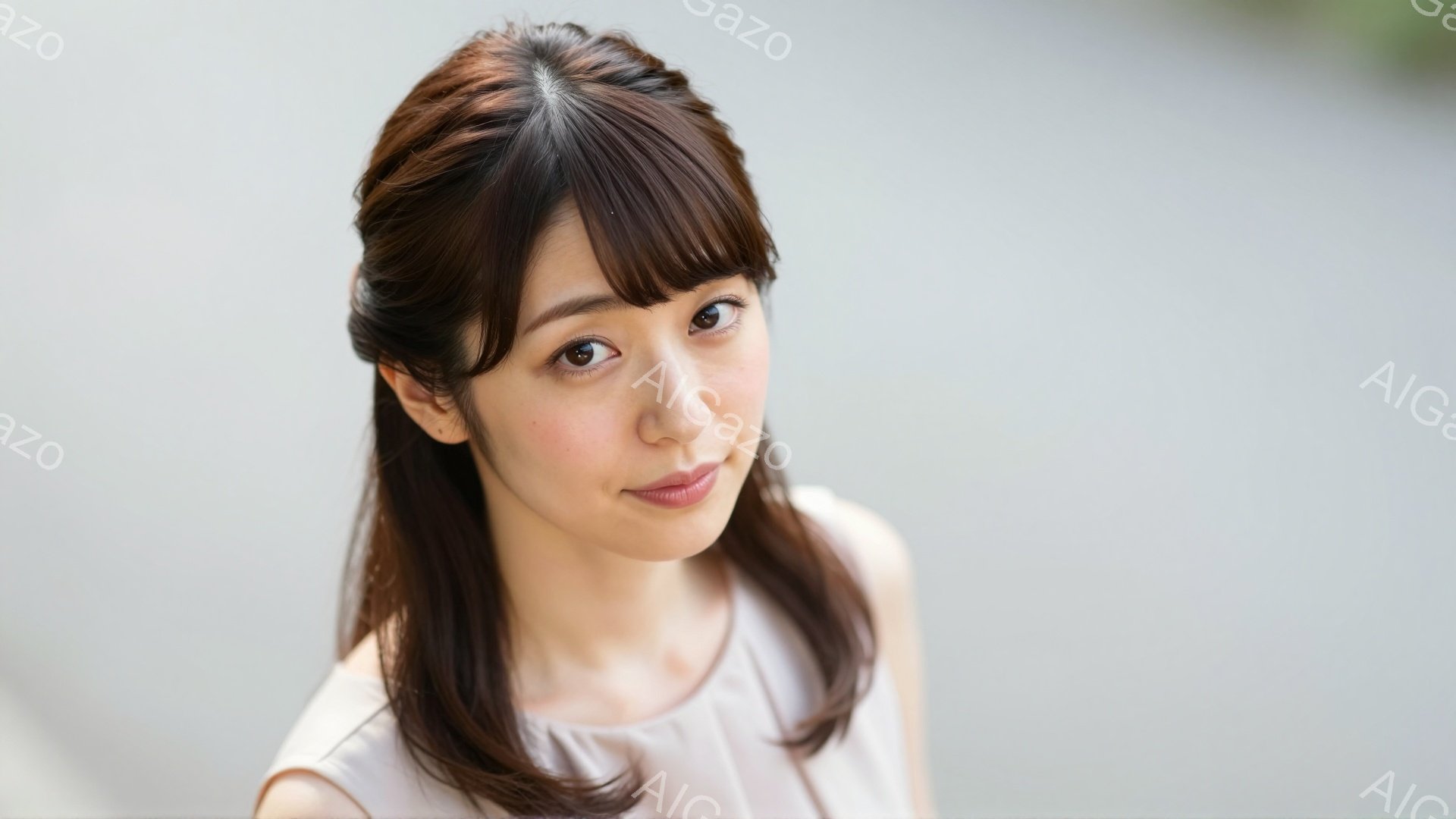 この女性は、明るい笑顔を浮かべ、カメラの方を見ている。肩までかかる茶色の髪は、前髪を少し残してサイドを耳にかけるヘアスタイルで、クリーム色のシンプルなトップスを着ている。背景はぼやけており、明るい光が - AI生成フリー素材