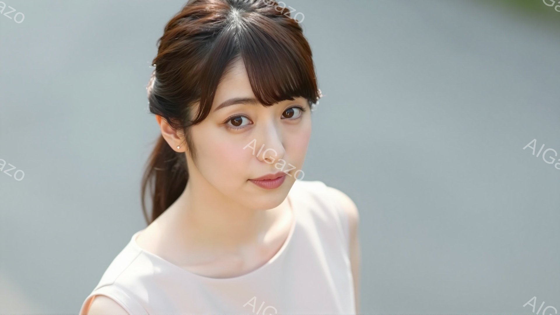 画像は、明るい背景を背景に、正面を向いた若い女性を捉えています。彼女はオフホワイトのトップスを着ており、髪は後ろでポニーテールにまとめられています。彼女は穏やかな笑顔を浮かべ、落ち着いた印象を与えてい - AI生成フリー素材