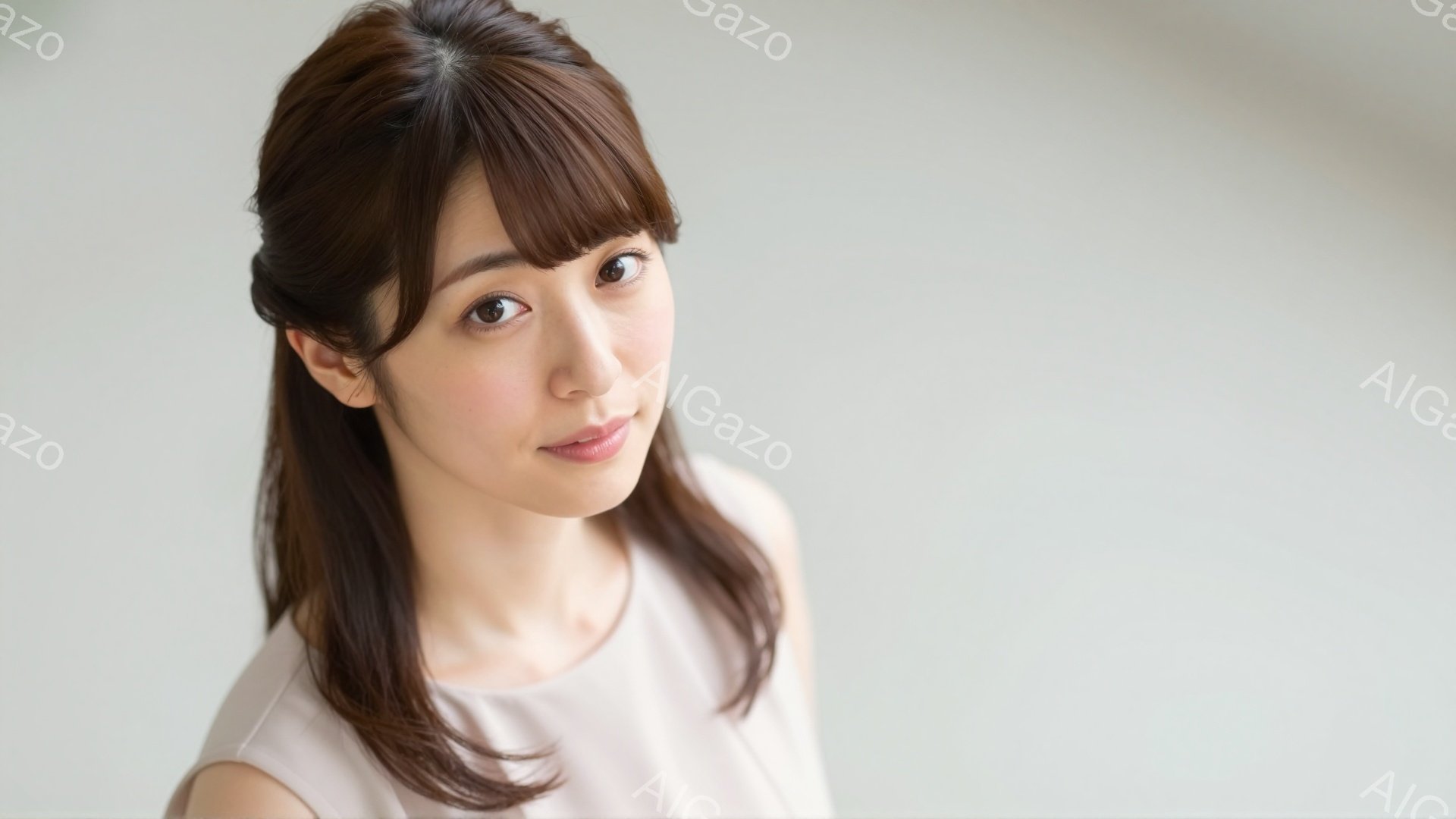 画像は、明るい笑顔を浮かべた若い女性のポートレートです。彼女はベージュ色のシンプルなトップスを着ており、長めの茶髪をサイドに流したヘアスタイルをしています。背景は白く、女性が際立っており、全体的に明る - AI生成フリー素材