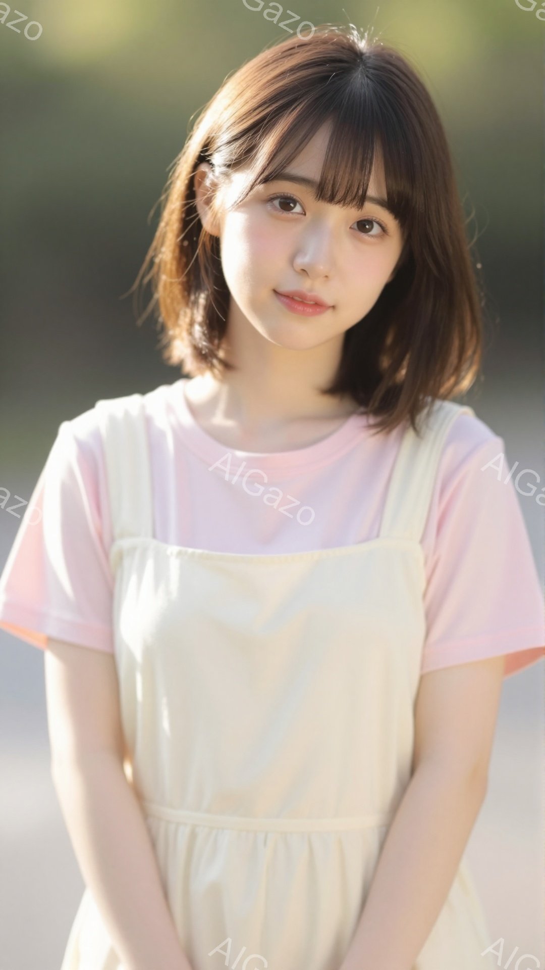 この女性は、薄いピンクのTシャツの上に、クリーム色のサスペンダーワンピースを着ています。髪は肩までの長さで、前髪が目に少しかかっています。穏やかな微笑みを浮かべ、カメラの方を見つめており、背景にはぼやけた自然光が差し込んでいます。