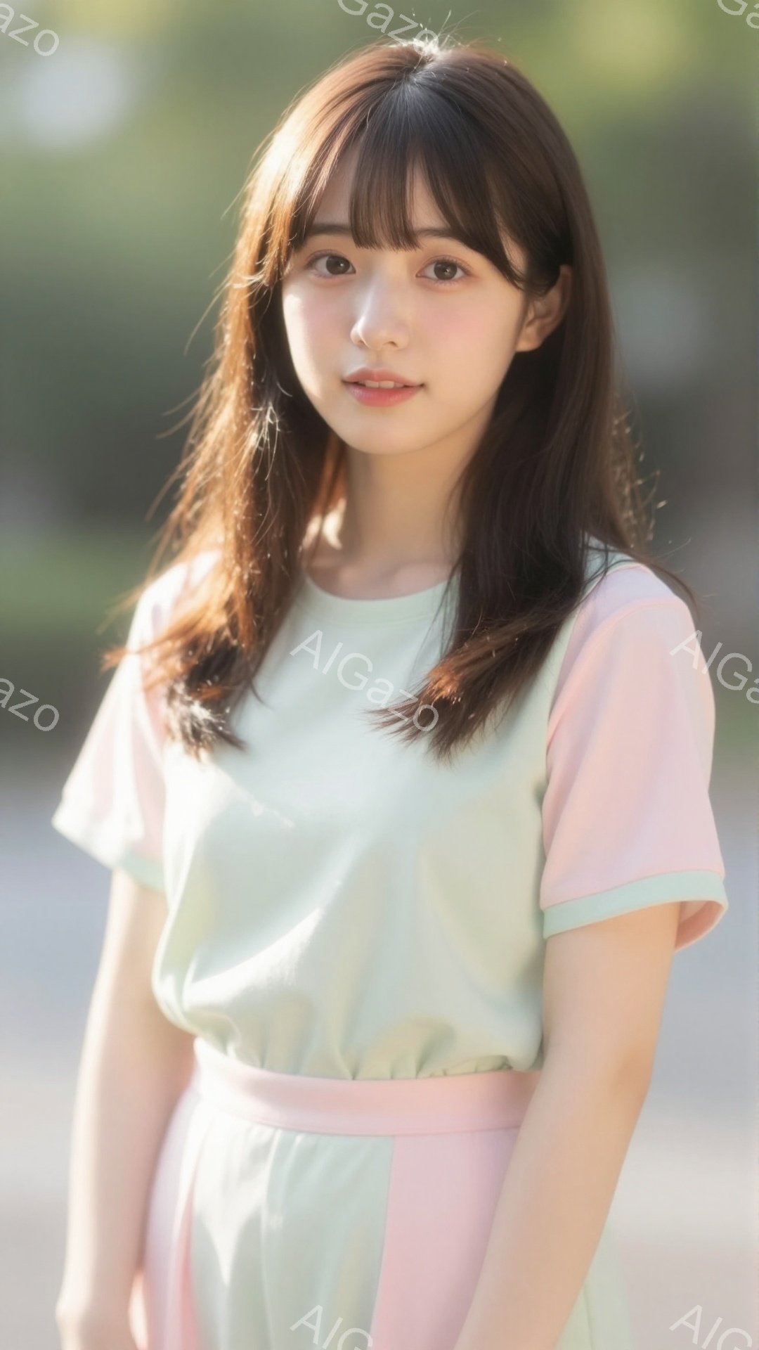 画像は、明るい茶髪のロングヘアを肩で分けている若い女性を捉えています。彼女は薄いミントグリーンとピンクのコントラストが美しいトップスを着ており、穏やかな微笑みを浮かべています。背景には緑豊かな木々が見 - AI生成フリー素材