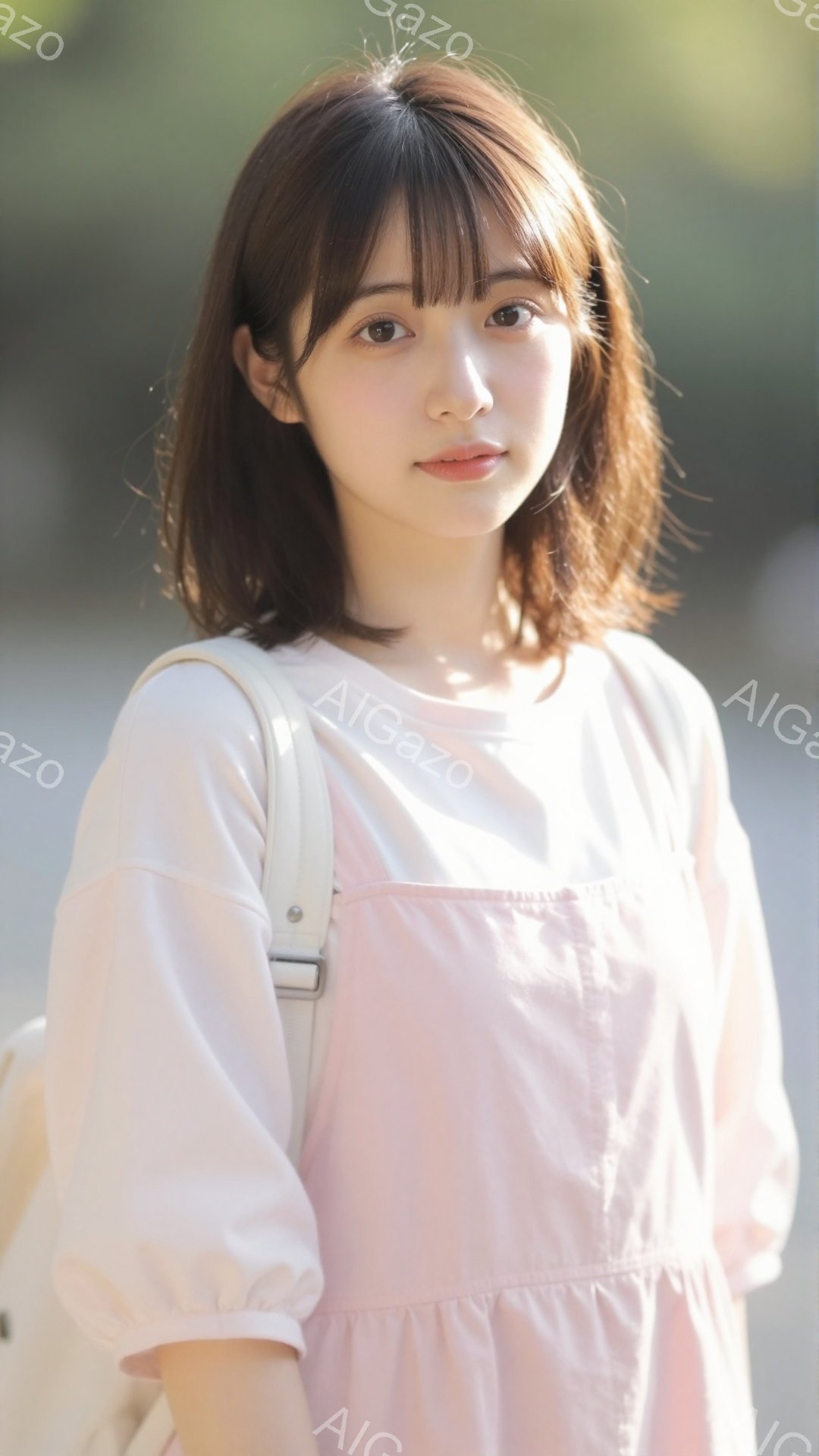 彼女は肩からリュックサックをかけており、淡いピンク色のゆったりとしたブラウスを着ています。髪は肩にかかるくらいの長さで、前髪は眉毛にかかるように切り揃えられています。穏やかな微笑みを浮かべ、優しい雰囲 - AI生成フリー素材