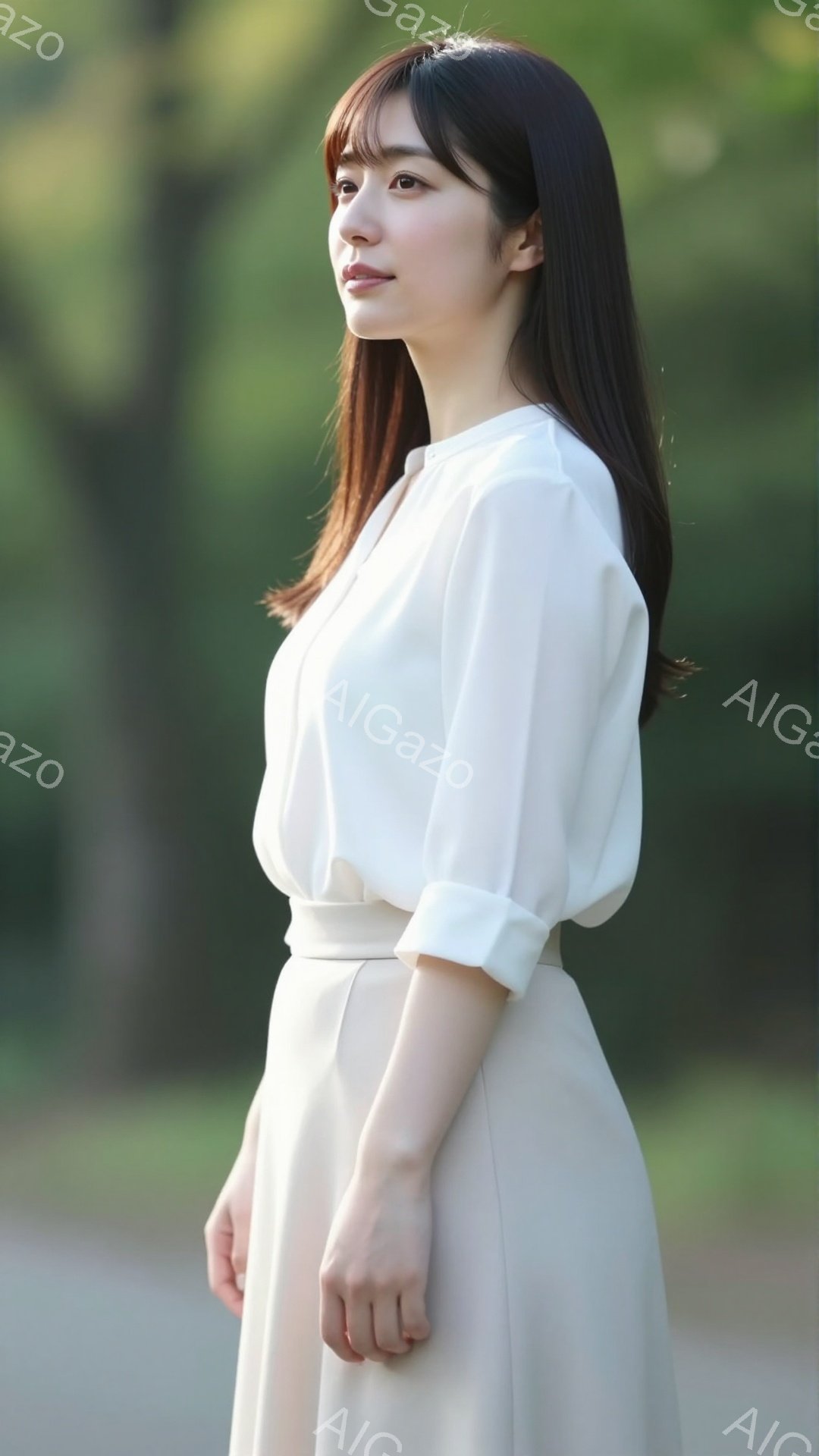 長い黒髪をセンターパートにした女性が、クリーム色のブラウスとスカートを身に着けて立っている。彼女は穏やかな表情で、わずかに微笑んでいるように見える。背景には緑豊かな木々が見え、柔らかい光が差し込み、全 - AI生成フリー素材