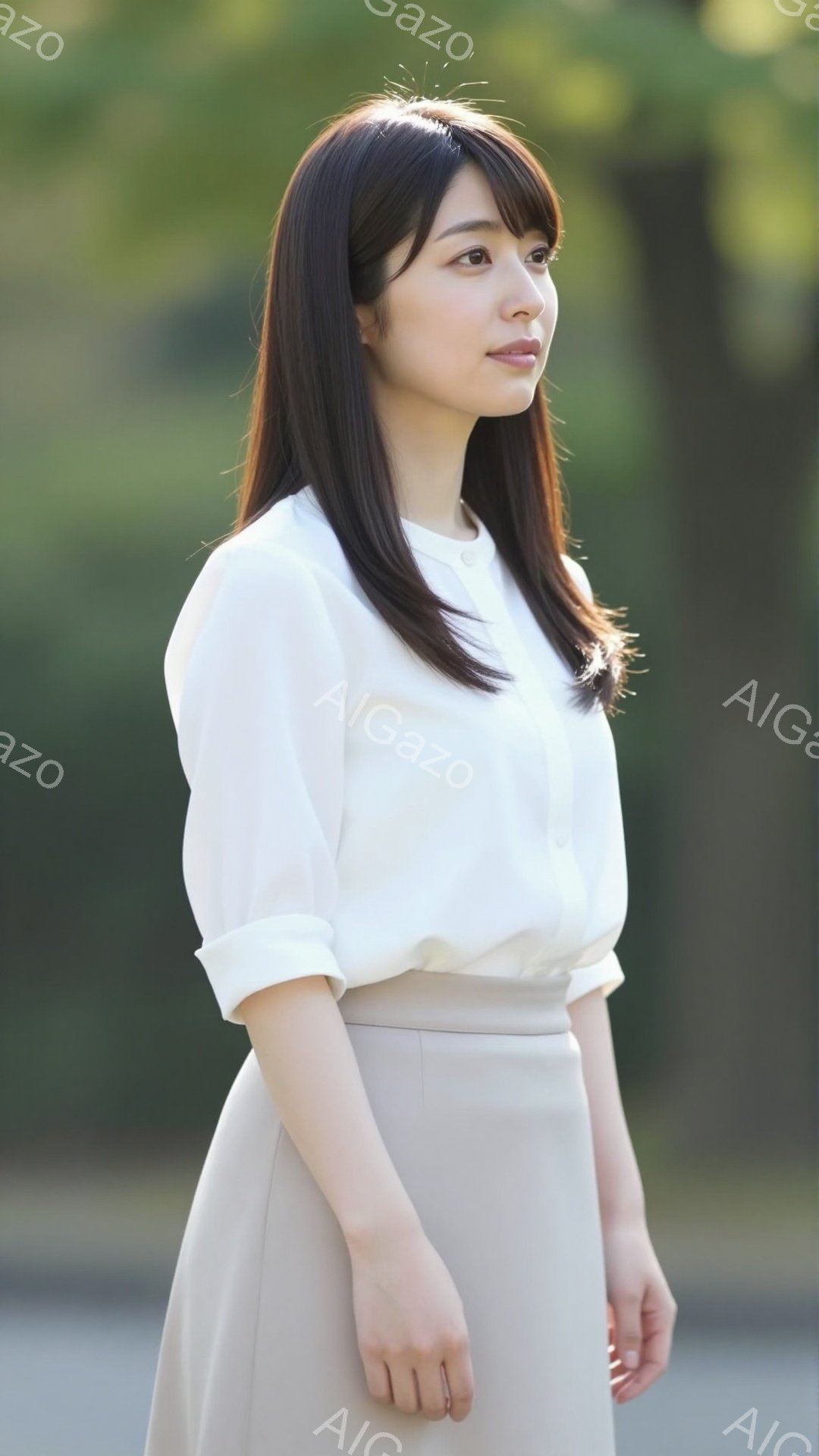 この女性は、白のブラウスとベージュのスカートを着用し、肩まで届くダークブラウンの髪をなめらかに整えています。彼女は少し横を向き、穏やかな表情で遠くを見つめており、姿勢は自然でリラックスしています。背景 - AI生成フリー素材