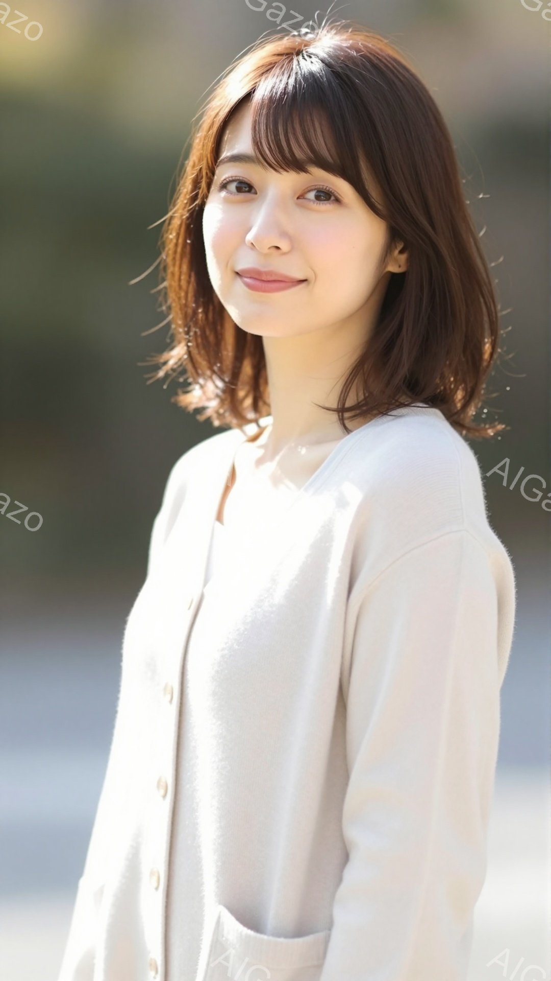 画像は、明るい茶色の短い髪で、前髪が目の上にかかる女性が写っています。彼女は、淡いベージュ色のカーディガンを着ており、穏やかな笑顔で正面を見ています。背景にはぼやけた緑の木々と建物が見え、全体的に柔ら - AI生成フリー素材