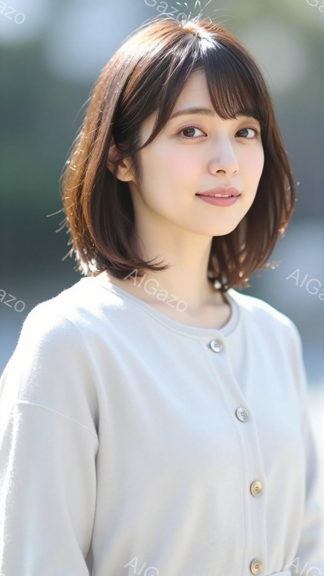 画像は、明るい茶色のショートヘアを肩のあたりで切り揃えた若い女性を捉えています。彼女はオフホワイトのカーディガン風のトップスを着ており、穏やかな笑顔でカメラを見つめています。背景にはぼやけた緑の木々と - AI生成フリー素材