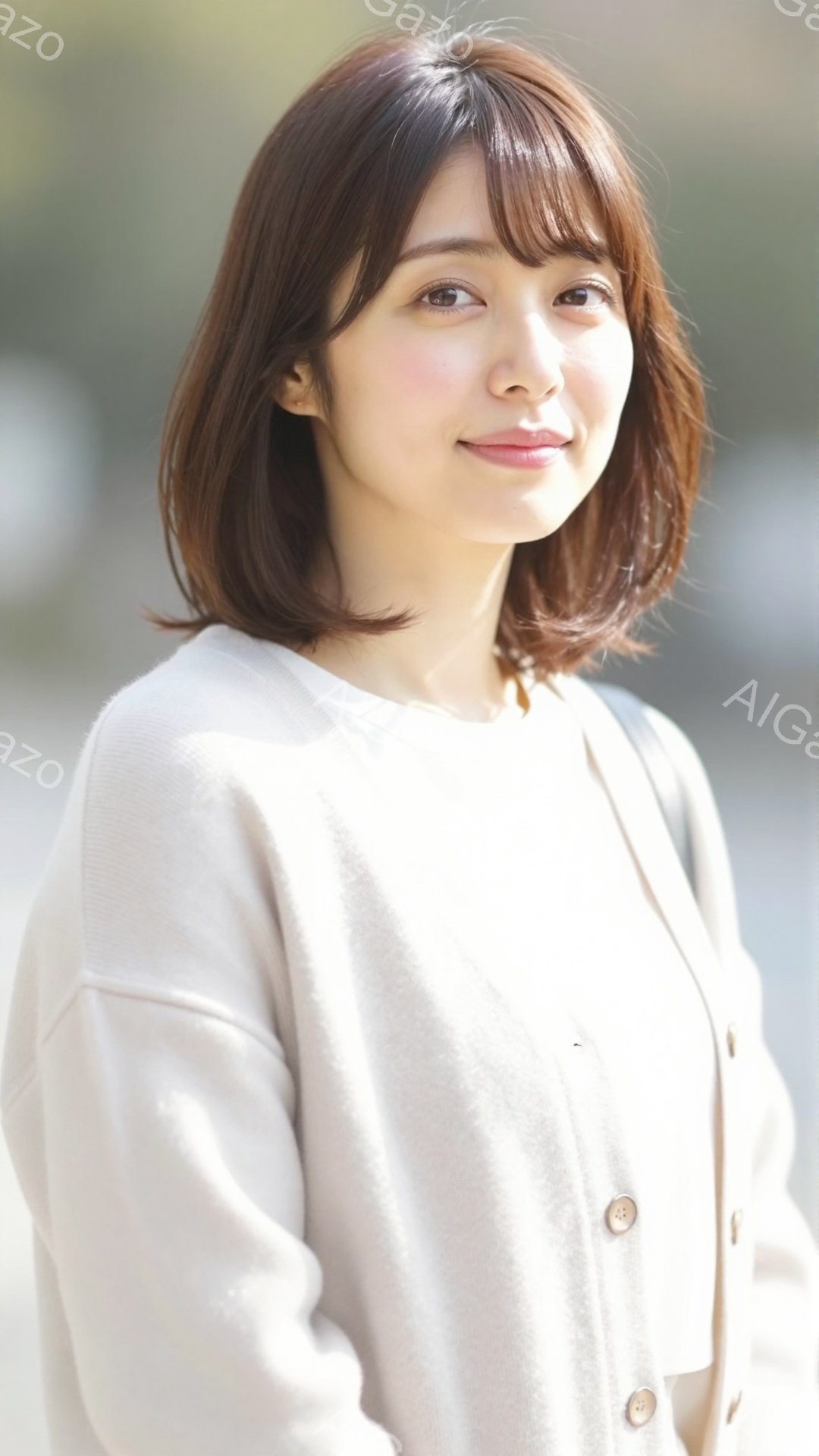 ショートヘアの女性が写っており、ベージュ色のカーディガンを羽織っています。彼女は穏やかな微笑みを浮かべ、カメラの方を見つめています。背景はぼやけていますが、自然光の中で、春らしい柔らかい雰囲気の画像で - AI生成フリー素材