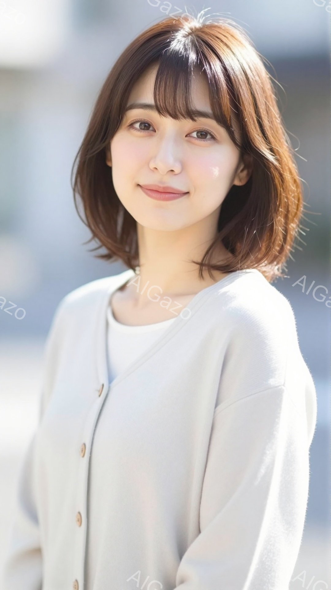 明るい茶髪のショートヘアで、前髪は眉毛にかかるように流されています。ベージュ色のカーディガンを羽織り、穏やかな笑顔を浮かべています。背景はぼやけており、おそらく屋外で撮影されたもので、全体的に柔らかく - AI生成フリー素材
