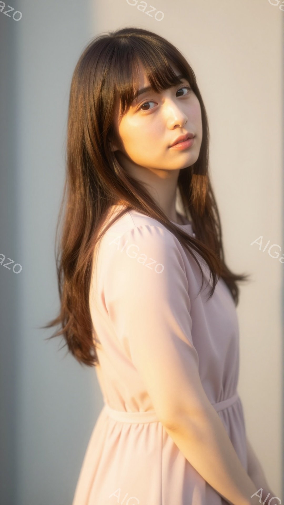 若い女性が、淡いピンク色のゆったりとしたワンピースを着て、少し横を向いて立っています。彼女は長い茶髪で、前髪は眉毛にかかるようにカットされています。背景は明るい白壁で、柔らかい光が彼女を照らし、穏やかで優しい雰囲気を醸し出しています。