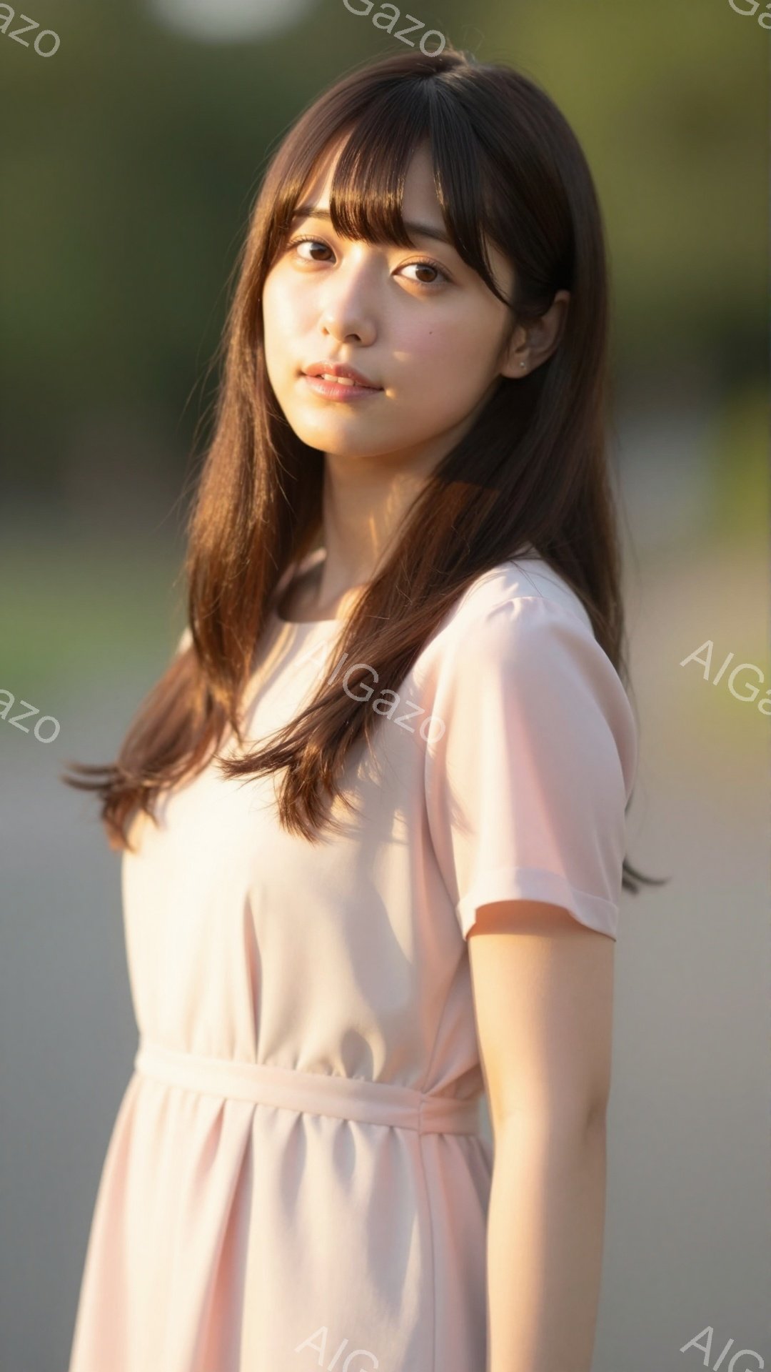 長い茶色の髪を肩から下でなびかせ、薄いピンク色のワンピースを着た若い女性が写っている。彼女はわずかに横を向き、穏やかで優しい表情を浮かべている。背景は緑豊かな自然で、柔らかい光が彼女を照らし、全体的に - AI生成フリー素材